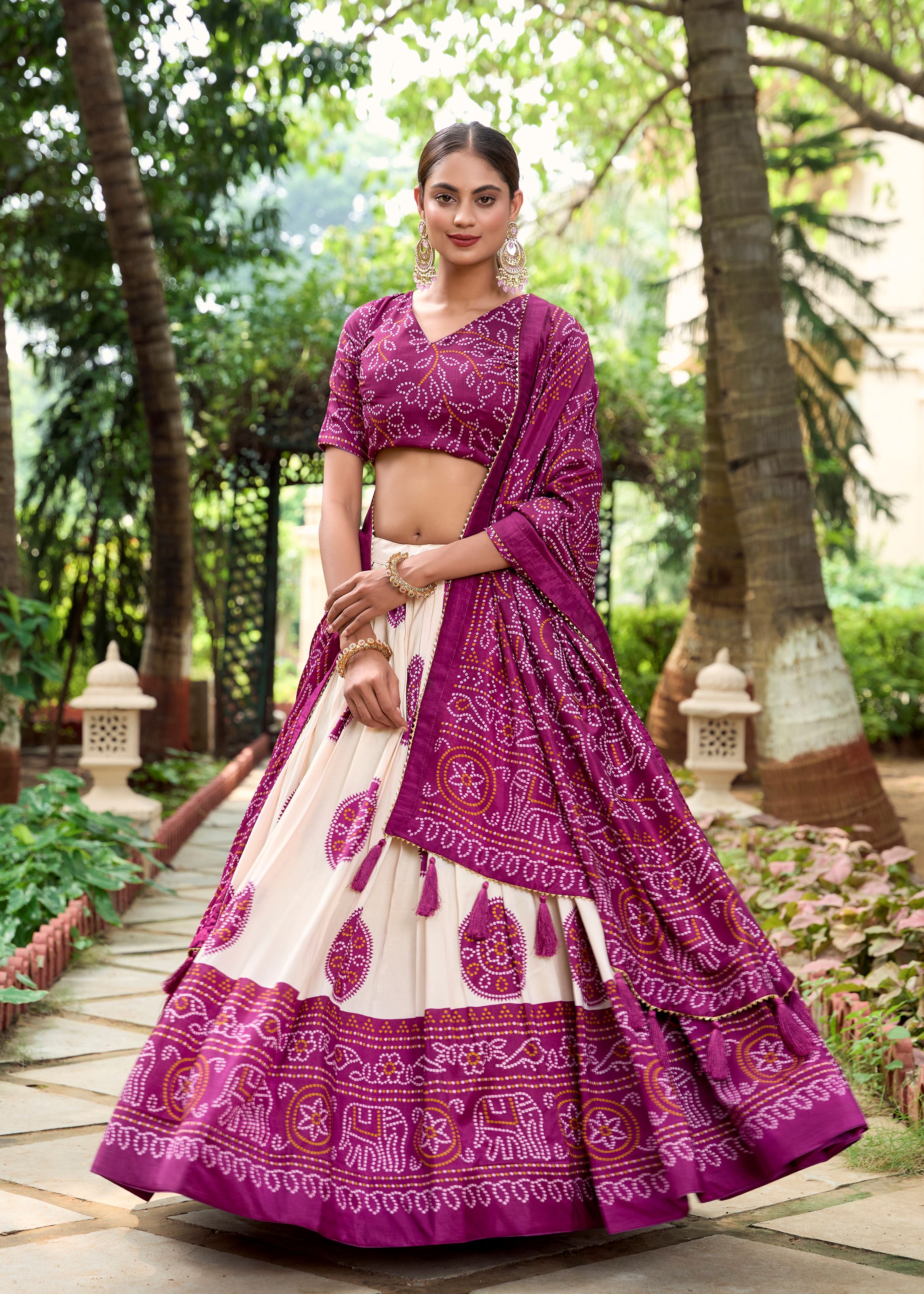 Royal in Every Fold Wine Tussar Silk Lehenga with Timeless Bandhej Print