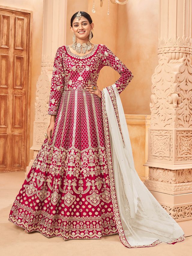 Ruby Art Silk Heavy Thread Embroidery with Zari Work  Anarkali Suits