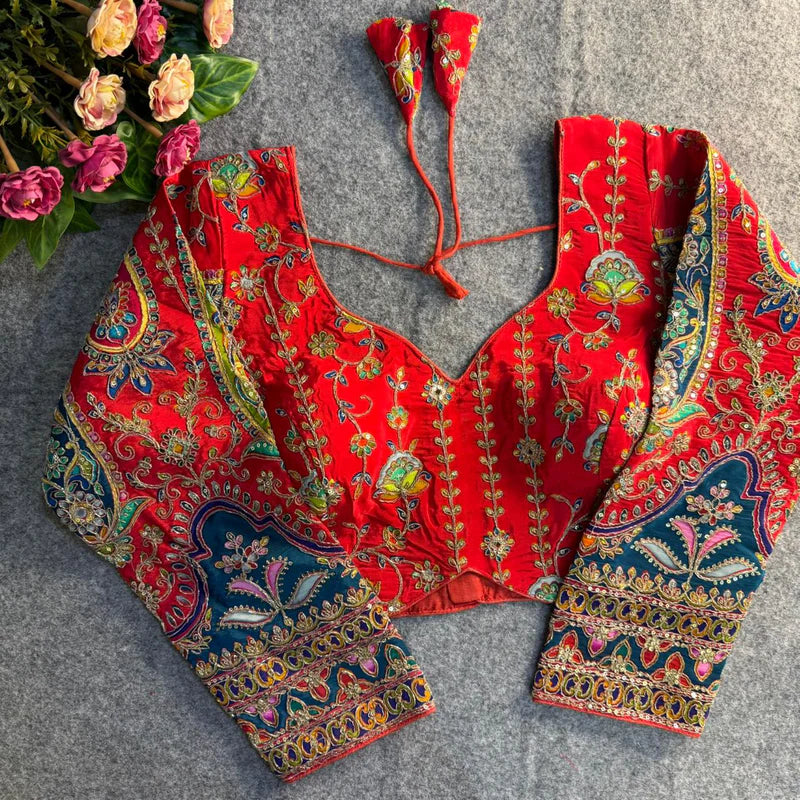 Ruby Red Elegant Heavy Position Work Long Sleeve Blouse  Pure Crepe Embroidered & Sequined Partywear