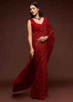 Ruby Red Georgette Saree with Thread Embroidery and Sequins Work