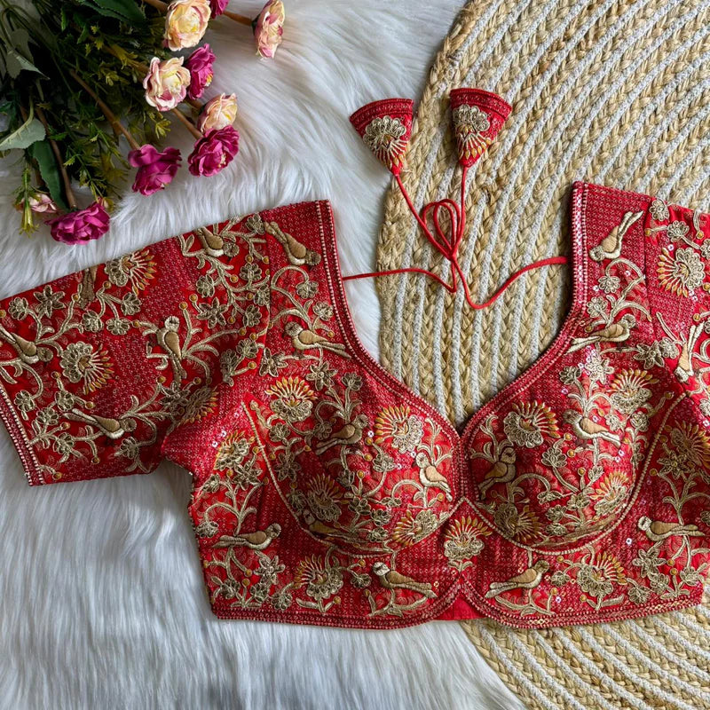 Ruby Red Luxury Bird Motif Bridal Blouse  Roman Silk Designer Wedding Wear