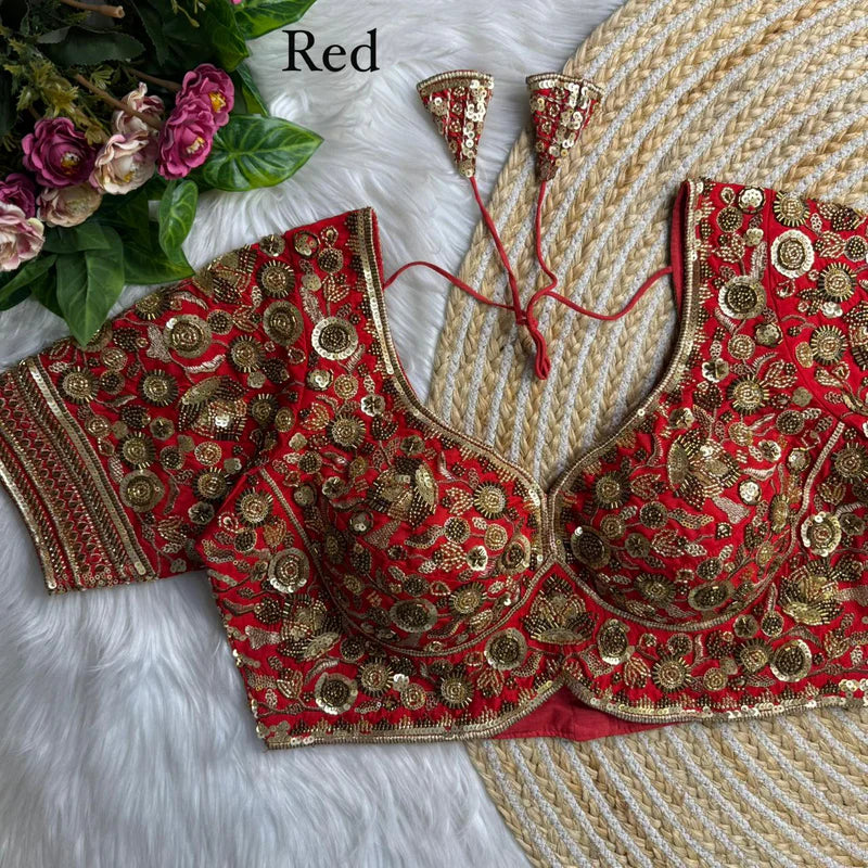 Ruby Red Luxury Heavy Beads Bridal Blouse  Roman Silk Designer Wedding Wear