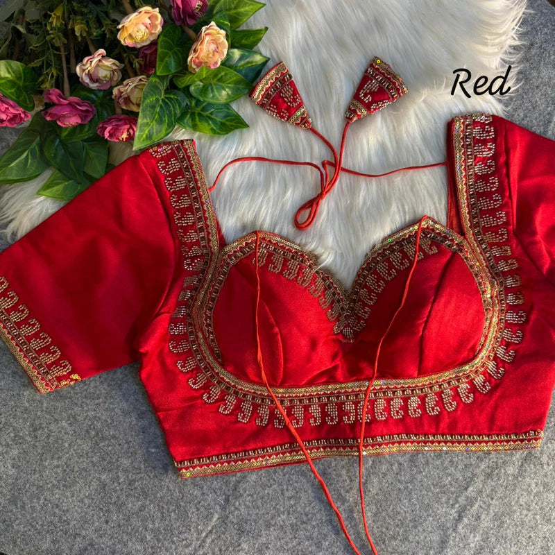 Ruby Red Royal Beads Work Bridal Blouse  Italian Silk Designer Couture Wear
