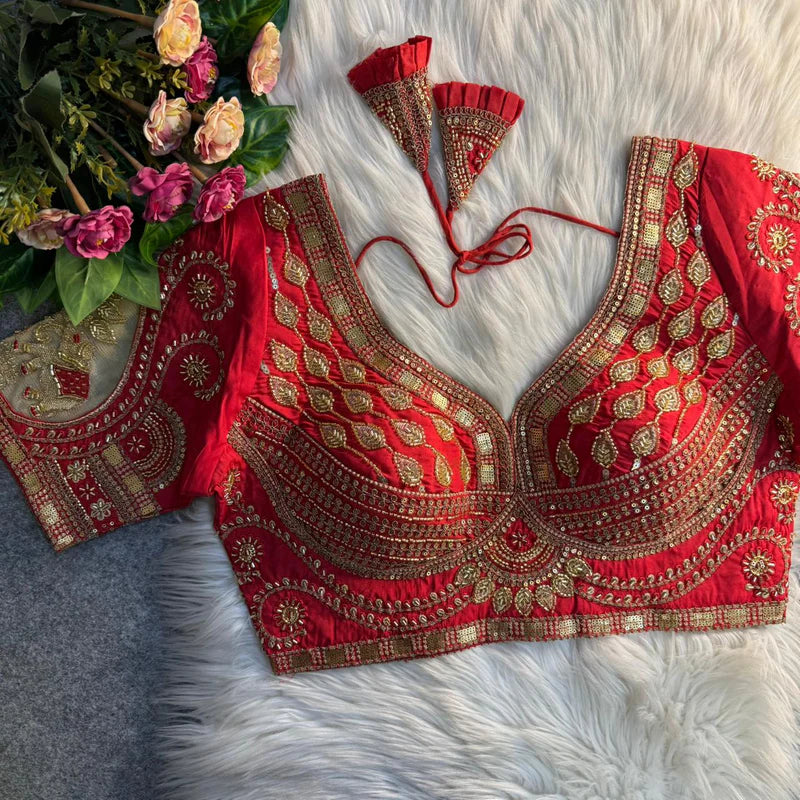 Ruby Red Royal Elephant Patch Work Bridal Blouse  Roman Silk Heavy Beads & Sequins Designer Wear