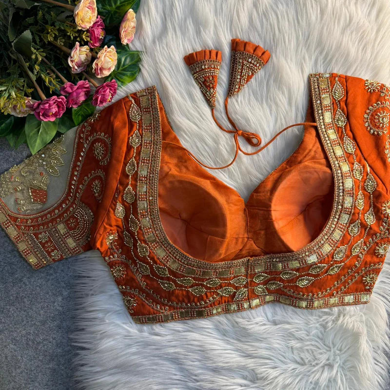 Ruby Red Royal Elephant Patch Work Bridal Blouse  Roman Silk Heavy Beads & Sequins Designer Wear