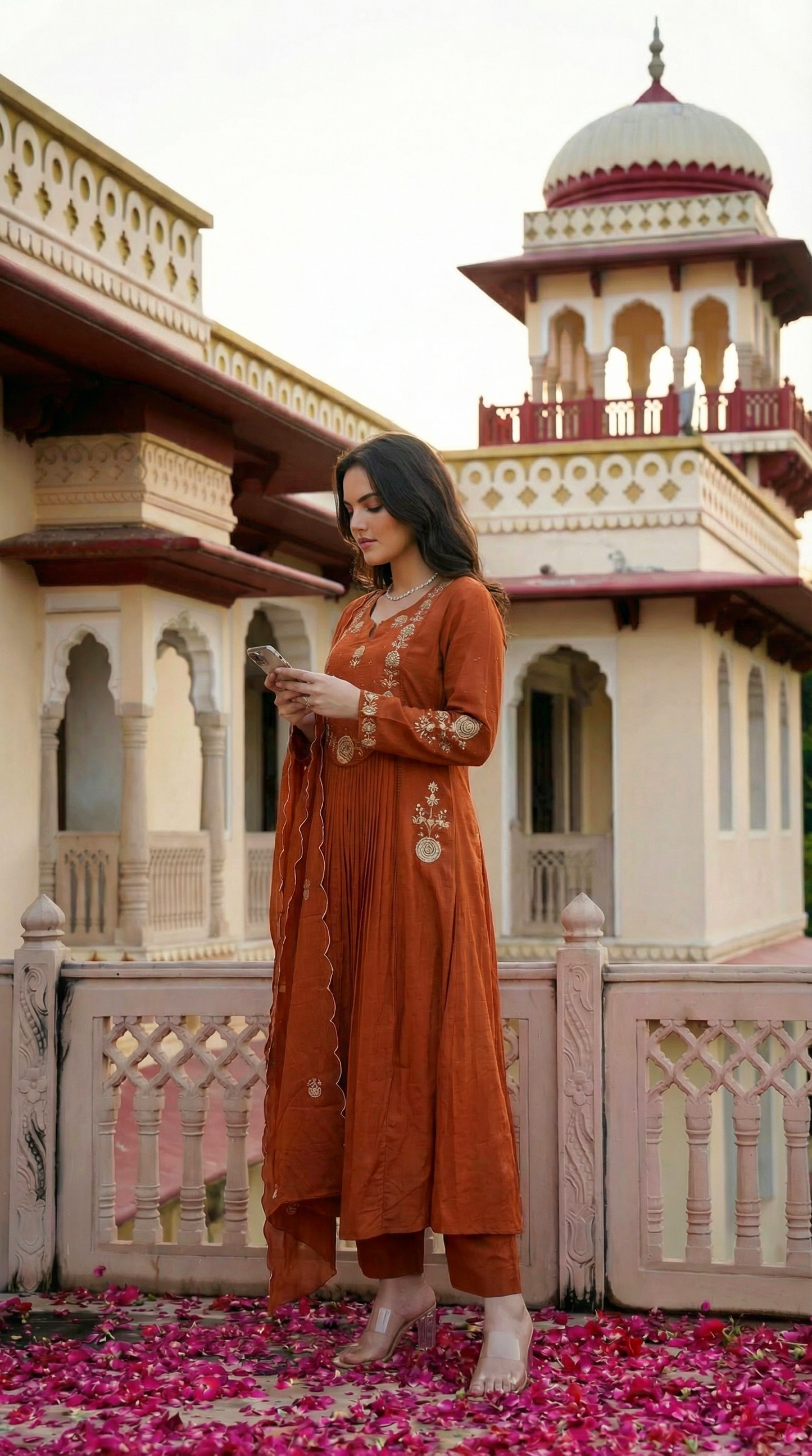Rust Chanderi Silk Kurta Pant Set With Heavy Thread Embroidery Work