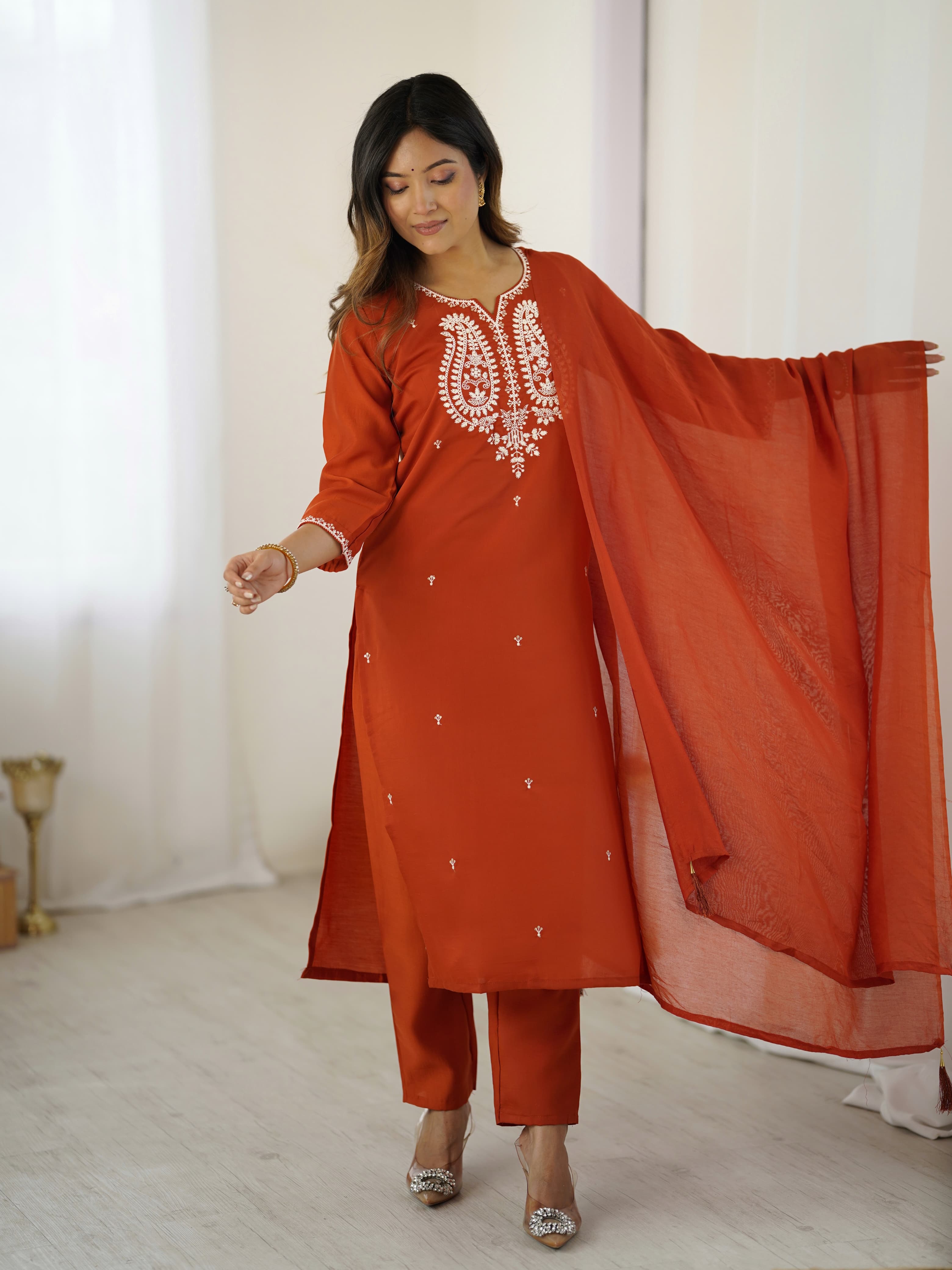 Rust Chanderi Silk Kurta Pant Set With Thread Embroidered With Sequins Work