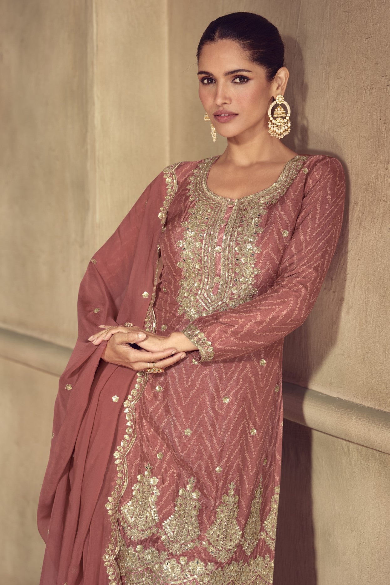 Rust Chinon Silk Salwar Suit With Digital Print Embroidery