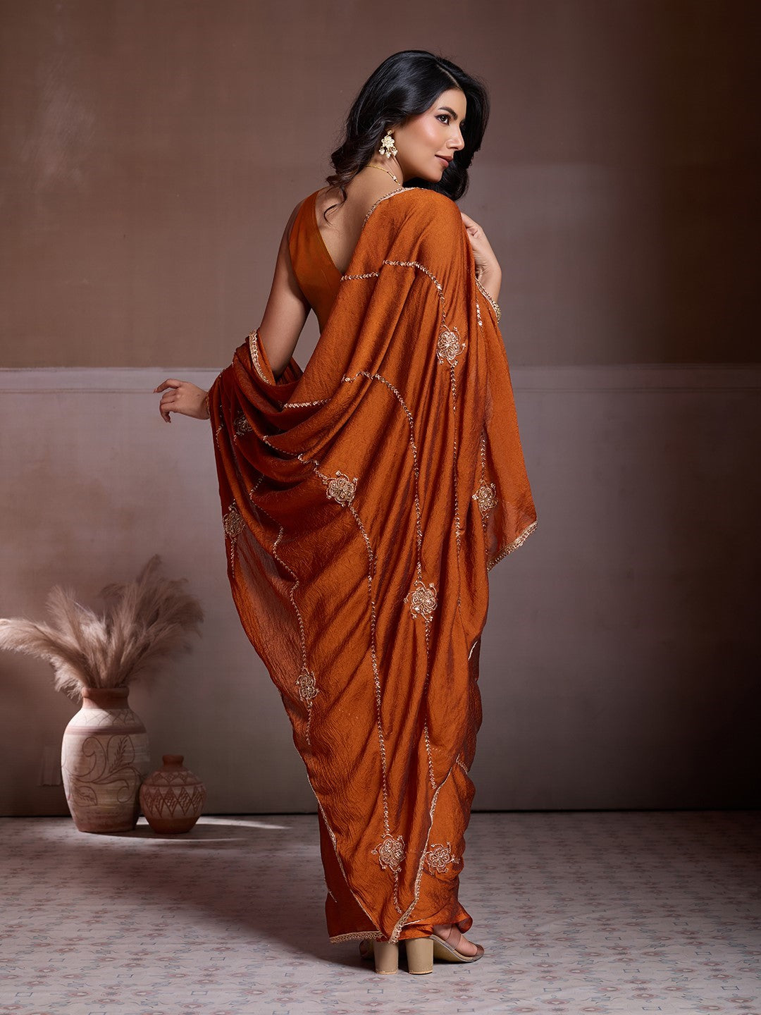 Rust Crush Silk Saree With Embroidery Premium Traditional Saree