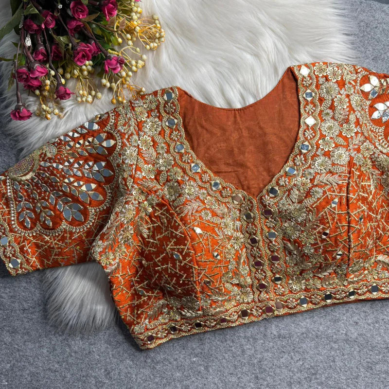 Rust Designer Roman Silk Bridal Blouse with Mayur Mirror Work & Sequence Thread Work, Embroidery & Sequins