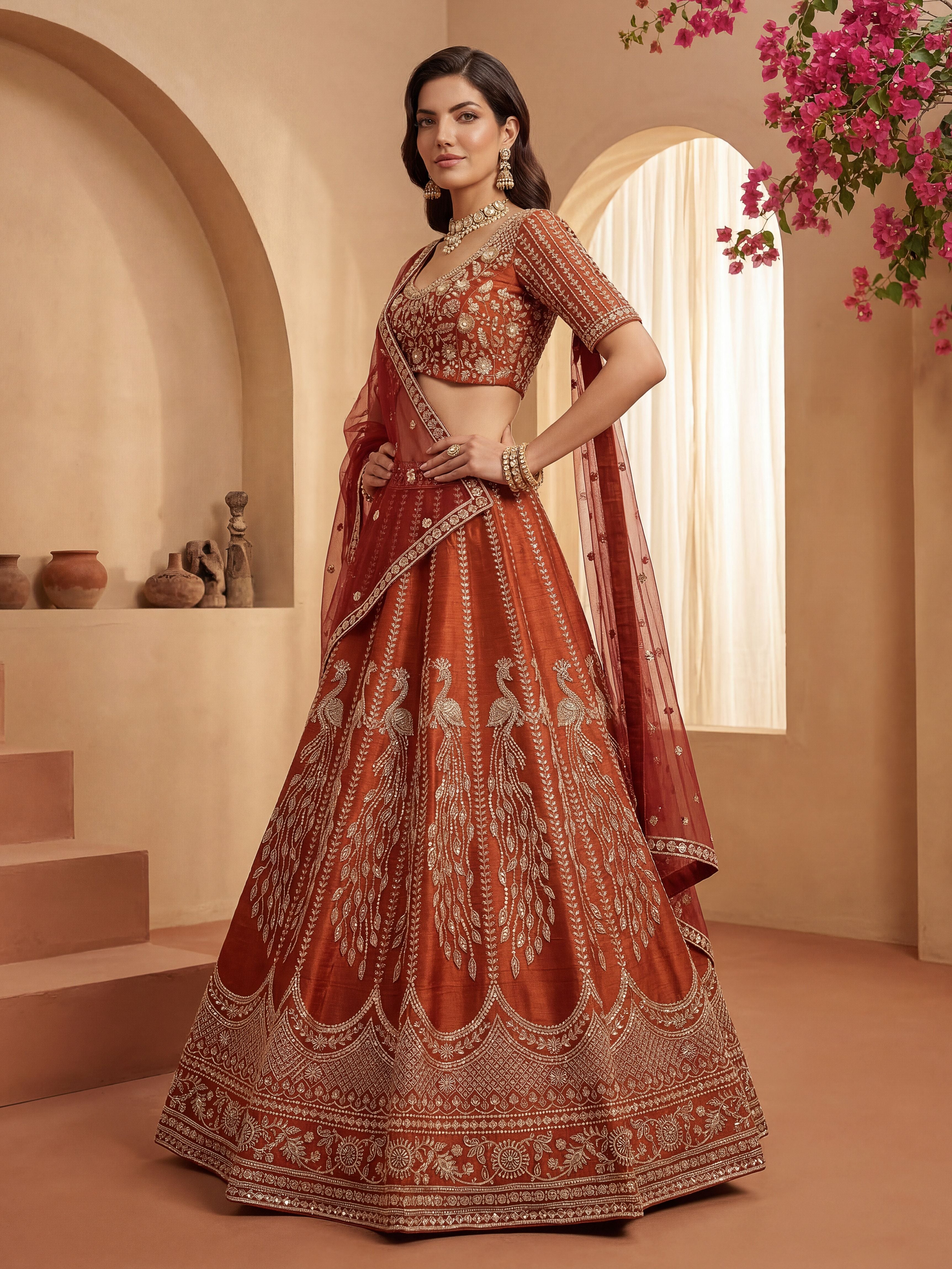 Rust Gadhwal Silk Lehenga Choli With Hand Work With Sequins Heavy Embroidery Work