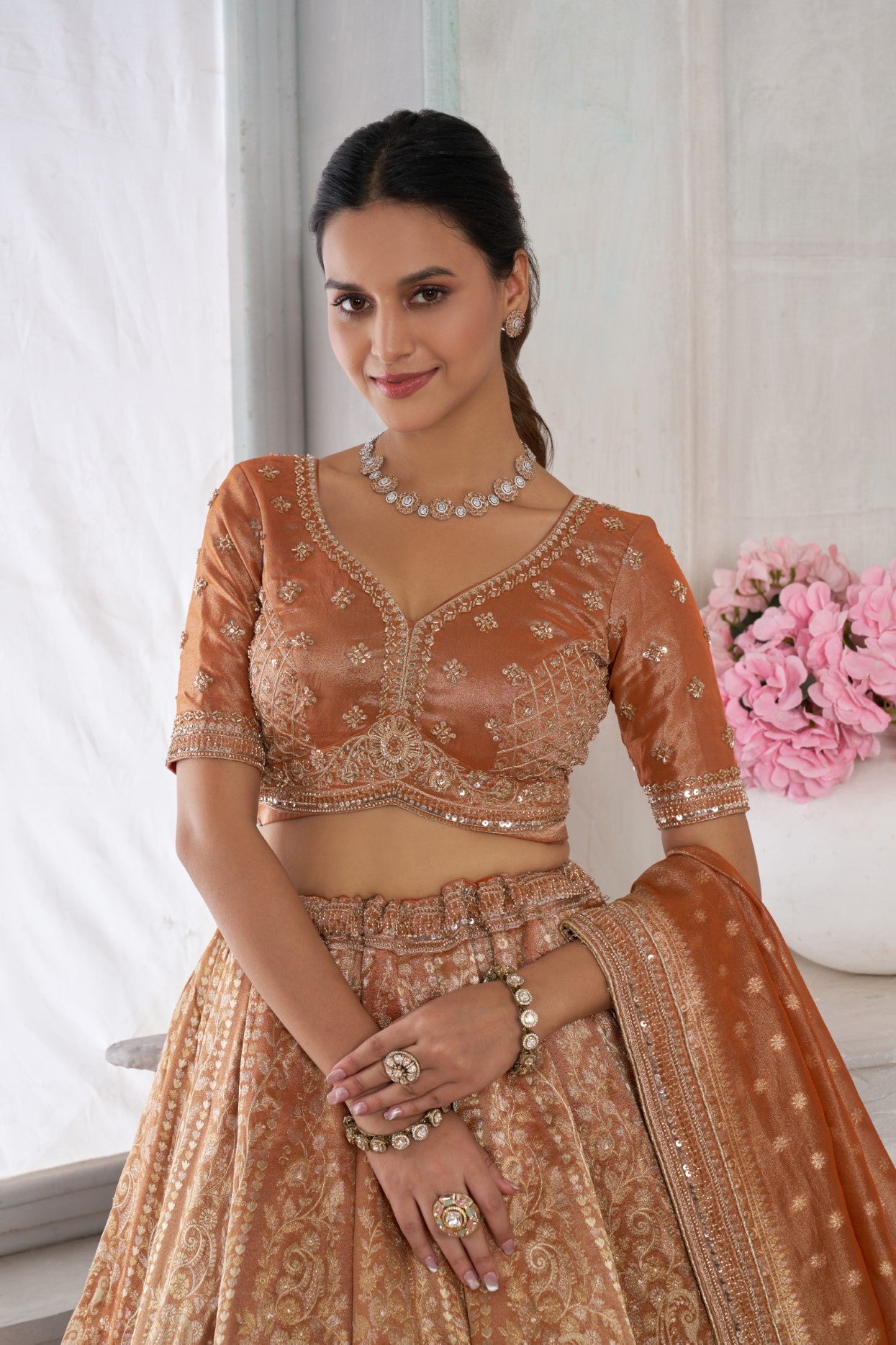 Rust Kanjivaram Tissue Sequin & Bead Embroidered Lehenga Choli