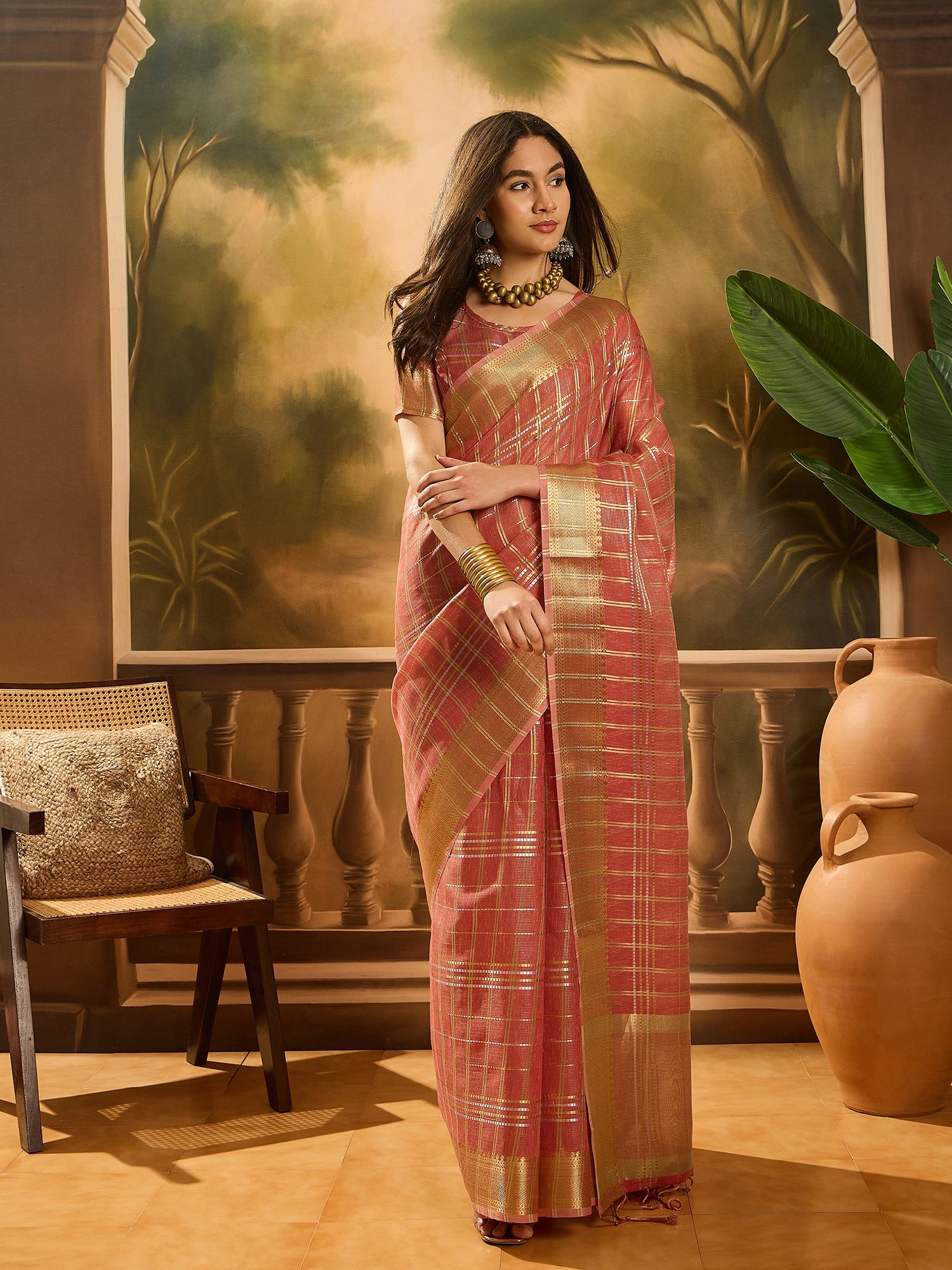 Rust Khadi Organza Woven Jacquard Designer Ethnic Traditional Festive Wear Saree