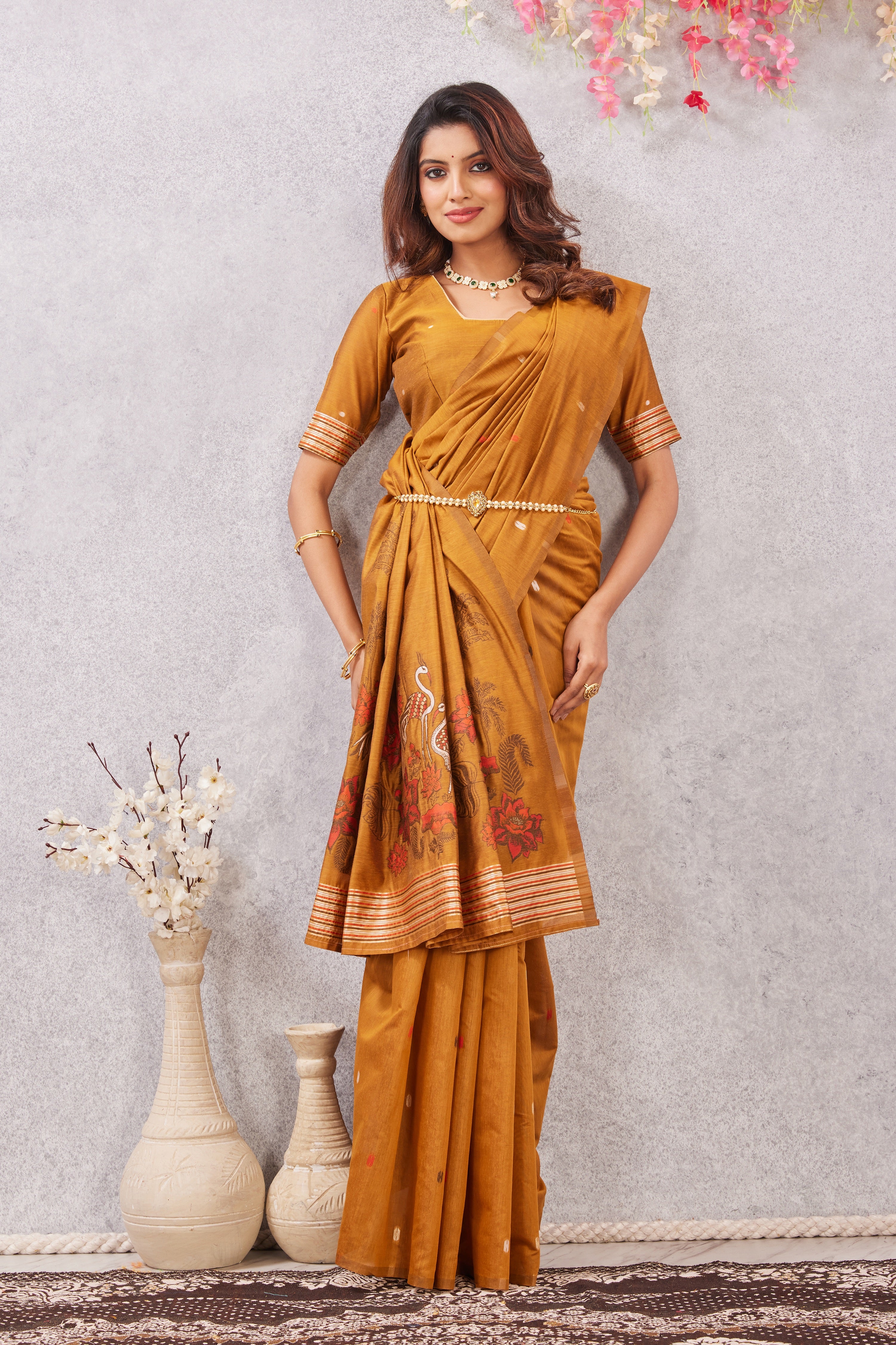 Rust Linen Cotton Saree with Ethnic Motif Design & Rich Jacquard Pallu
