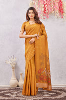 Rust Linen Cotton Saree with Ethnic Motif Design & Rich Jacquard Pallu