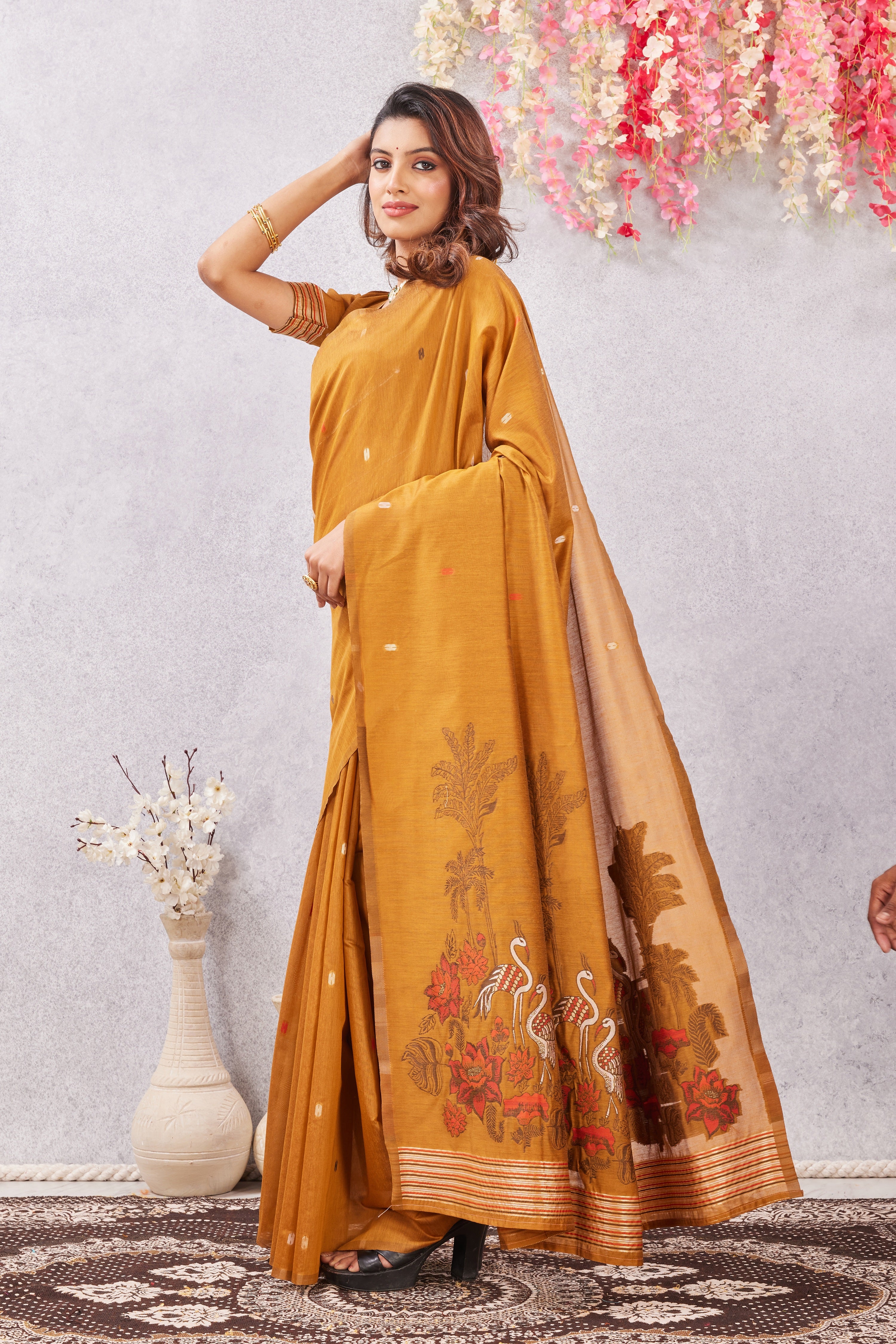 Rust Linen Cotton Saree with Ethnic Motif Design & Rich Jacquard Pallu