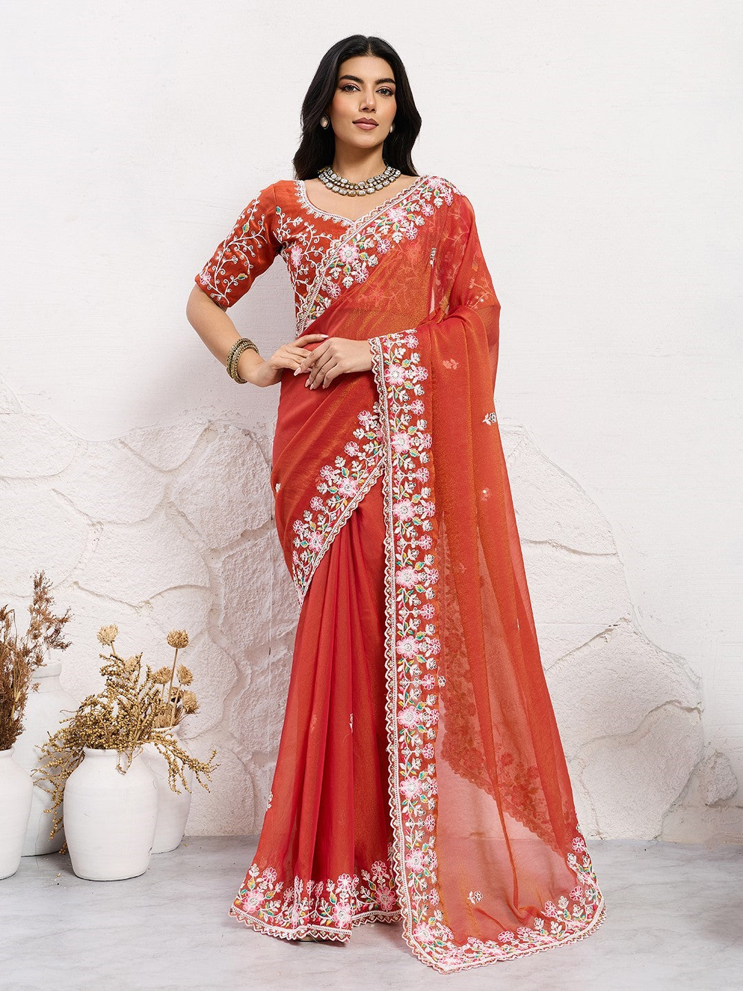 Rust Moss Chiffon Saree With Elegant Embroidery