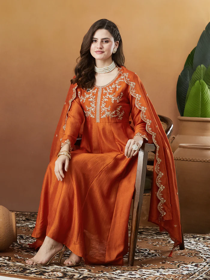 Rust Orange Vichitra Silk Kurta Pant Set With Thread Embroidered With Sequins Work