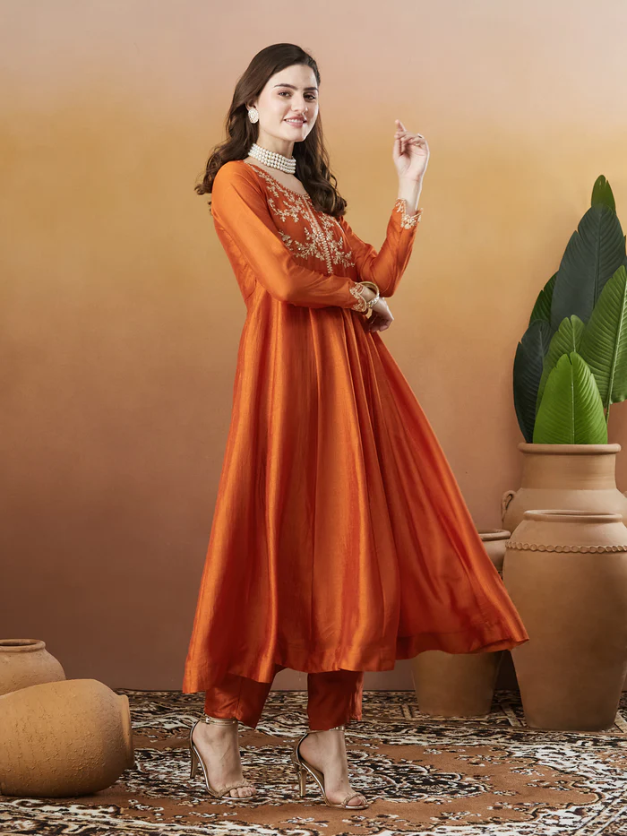 Rust Orange Vichitra Silk Kurta Pant Set With Thread Embroidered With Sequins Work
