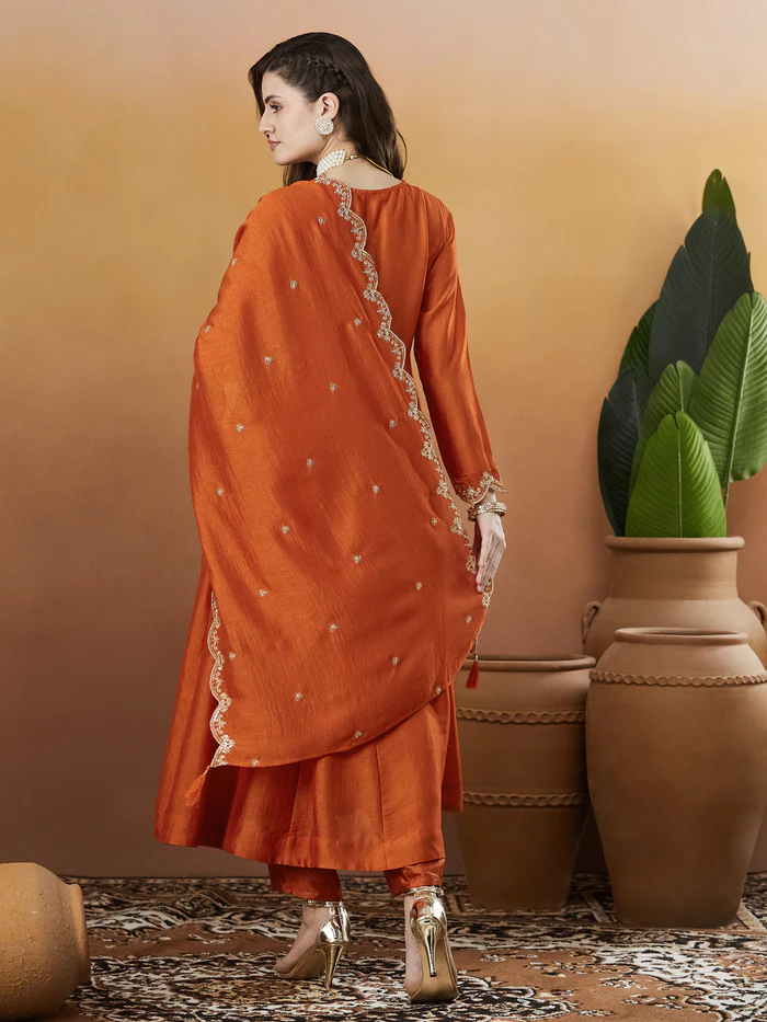 Rust Orange Vichitra Silk Kurta Pant Set With Thread Embroidered With Sequins Work