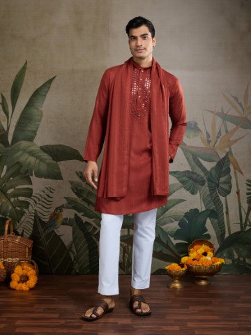 Rust Orange Viscose Silk Kurta with Traditional Dupatta