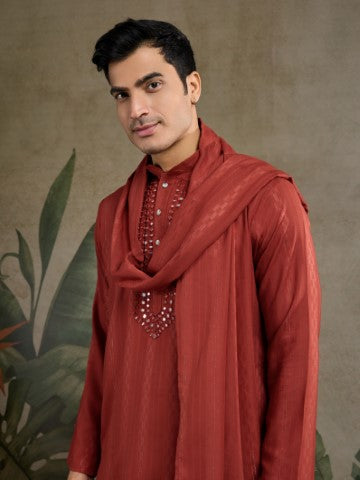 Rust Orange Viscose Silk Kurta with Traditional Dupatta