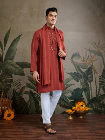 Rust Orange Viscose Silk Kurta with Traditional Dupatta