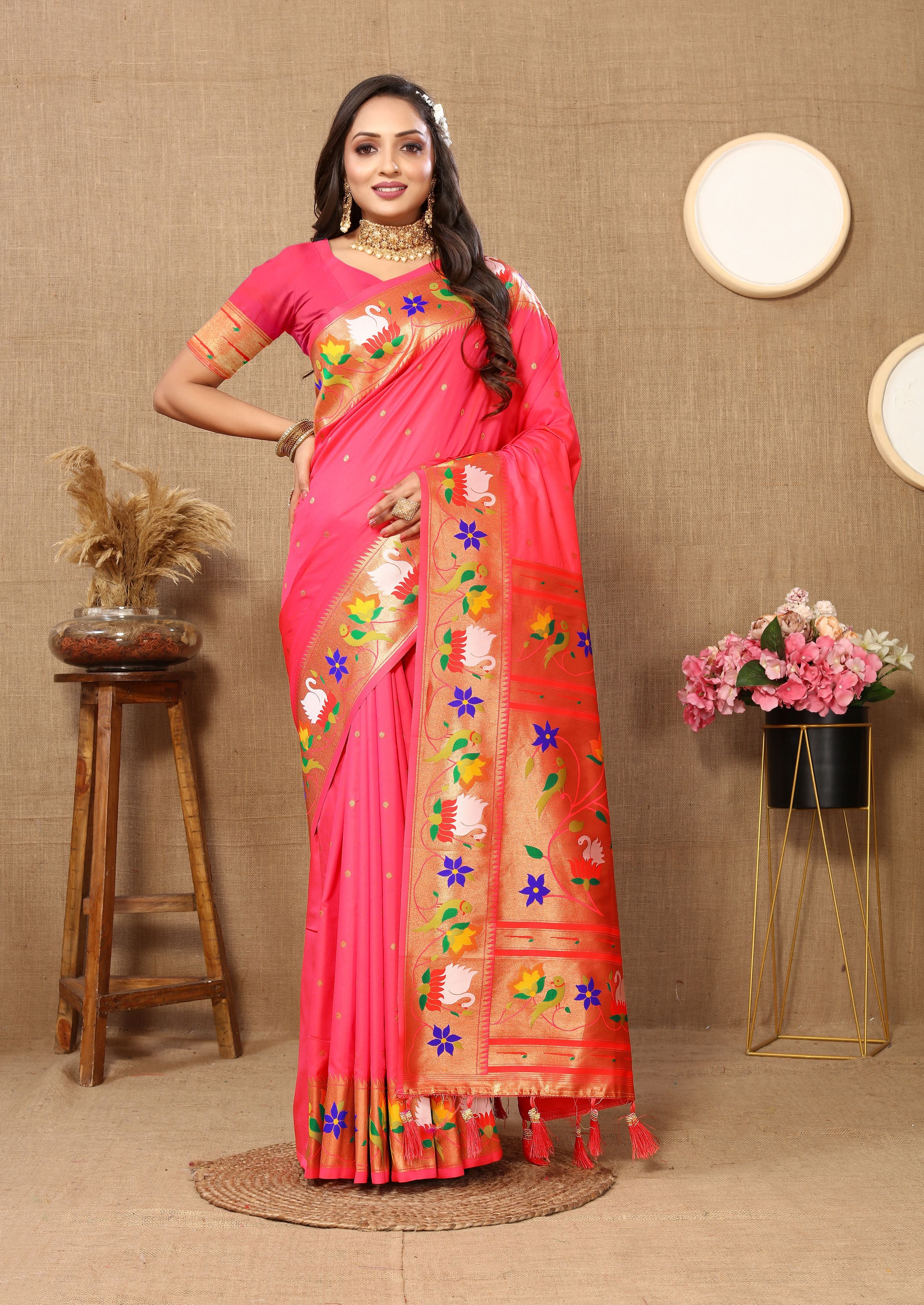 Rust Paithani Silk Woven Meenakari Paithani Designer Ethnic Heavy Looks Saree