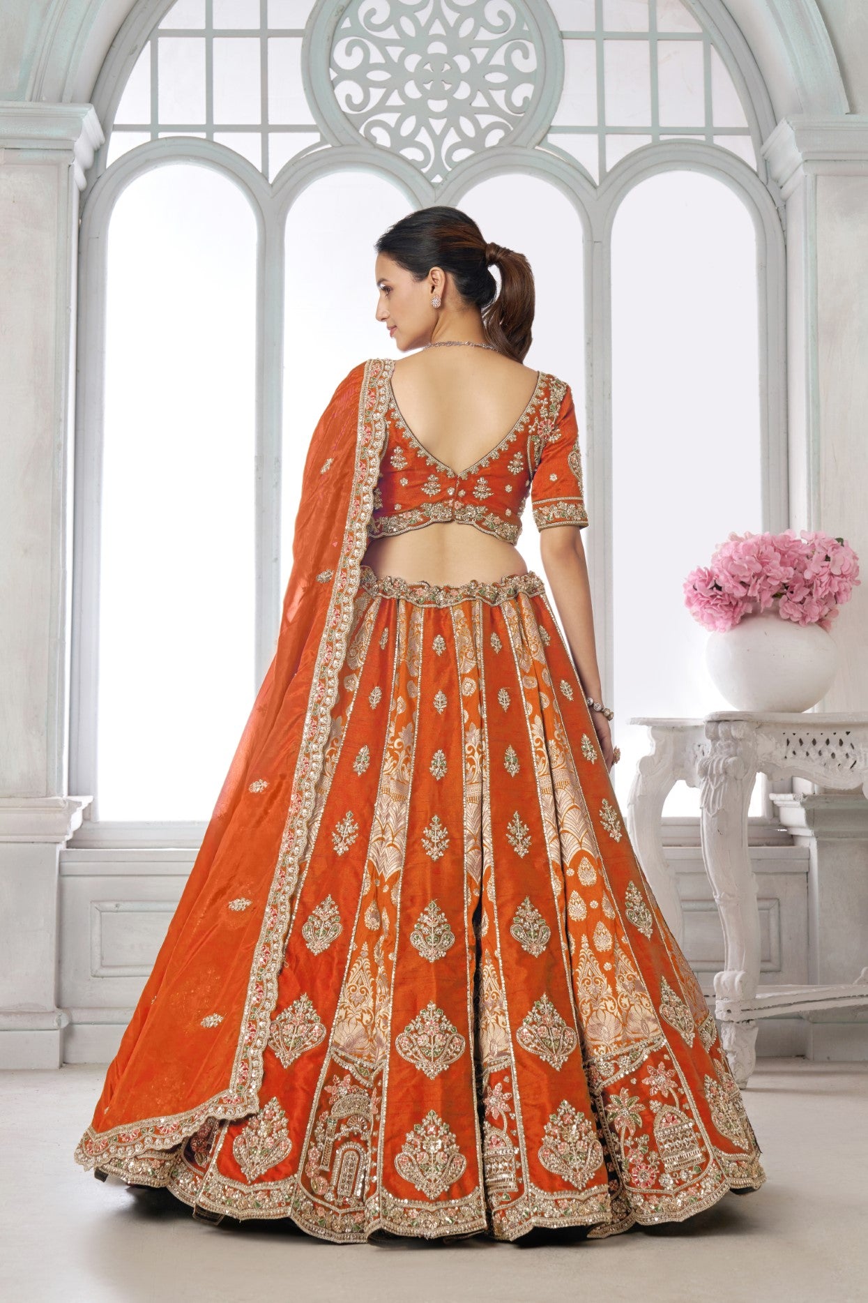 Rust Raw Silk Artisan Embroidered Designer Lehenga Choli
