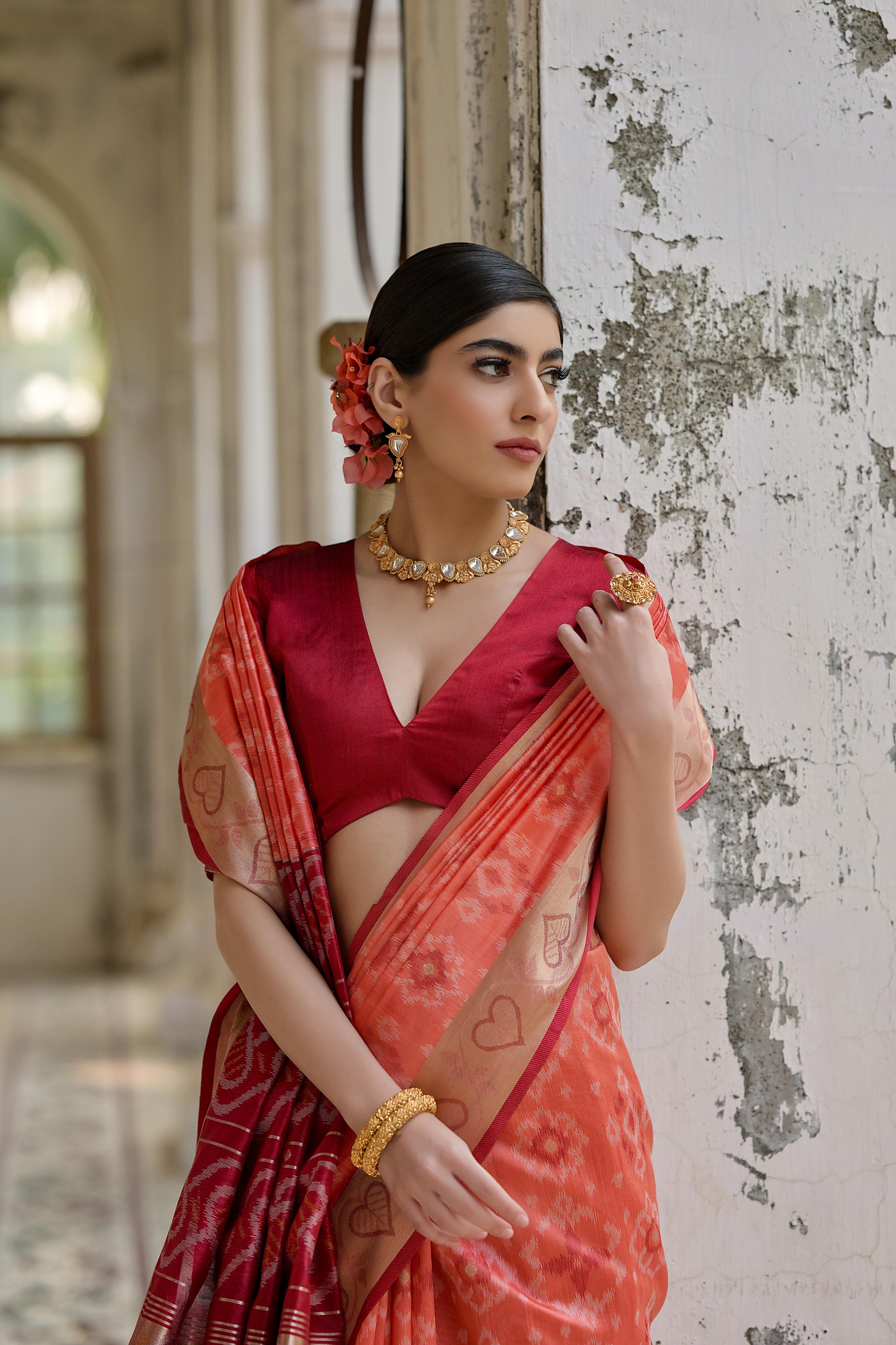 Rust Raw Silk Woven Ikat Designer Ceremonial Saree