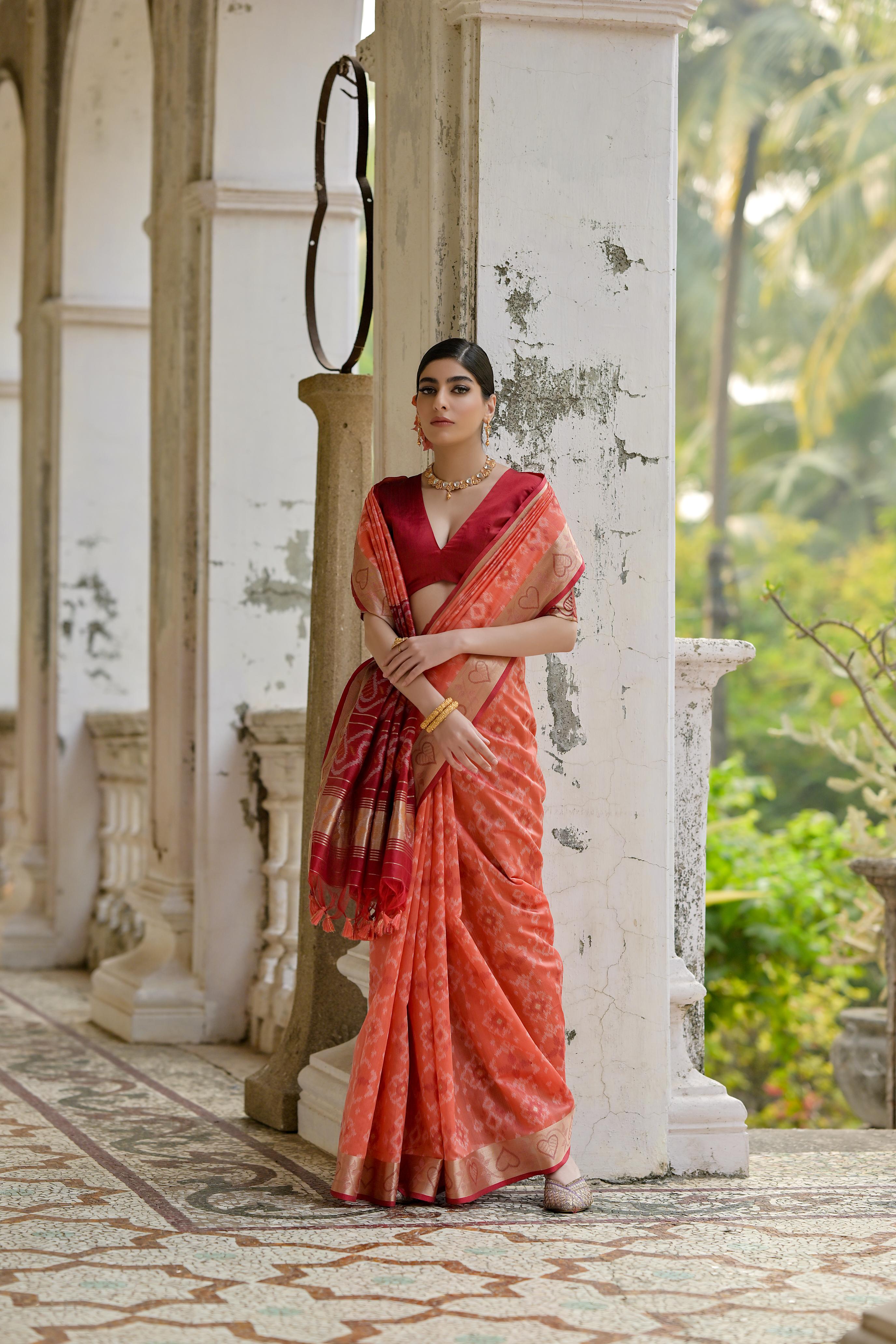 Rust Raw Silk Woven Ikat Designer Ceremonial Saree