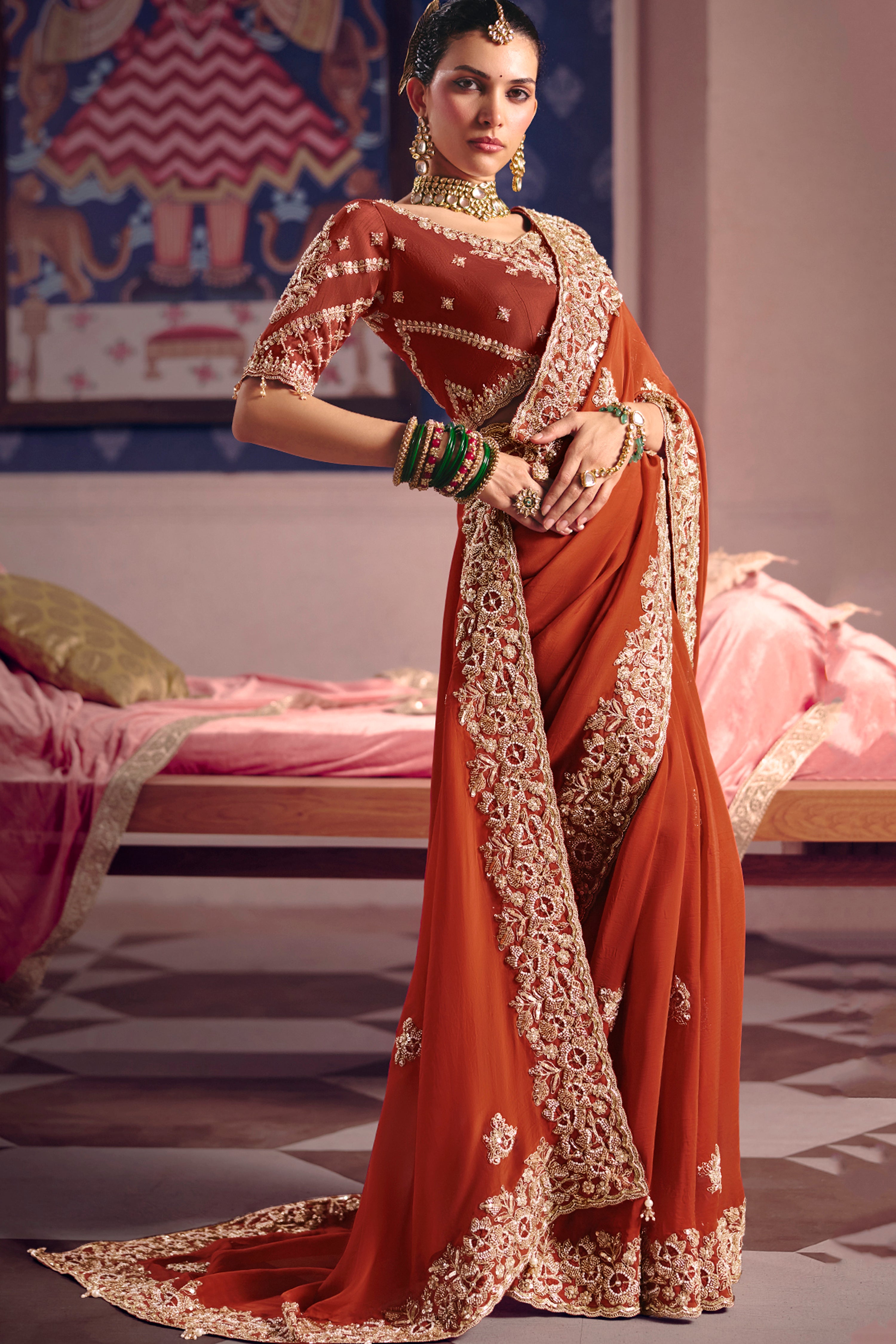 Rust Saree With  Heavy Embroidery, Beads With Sequince Work