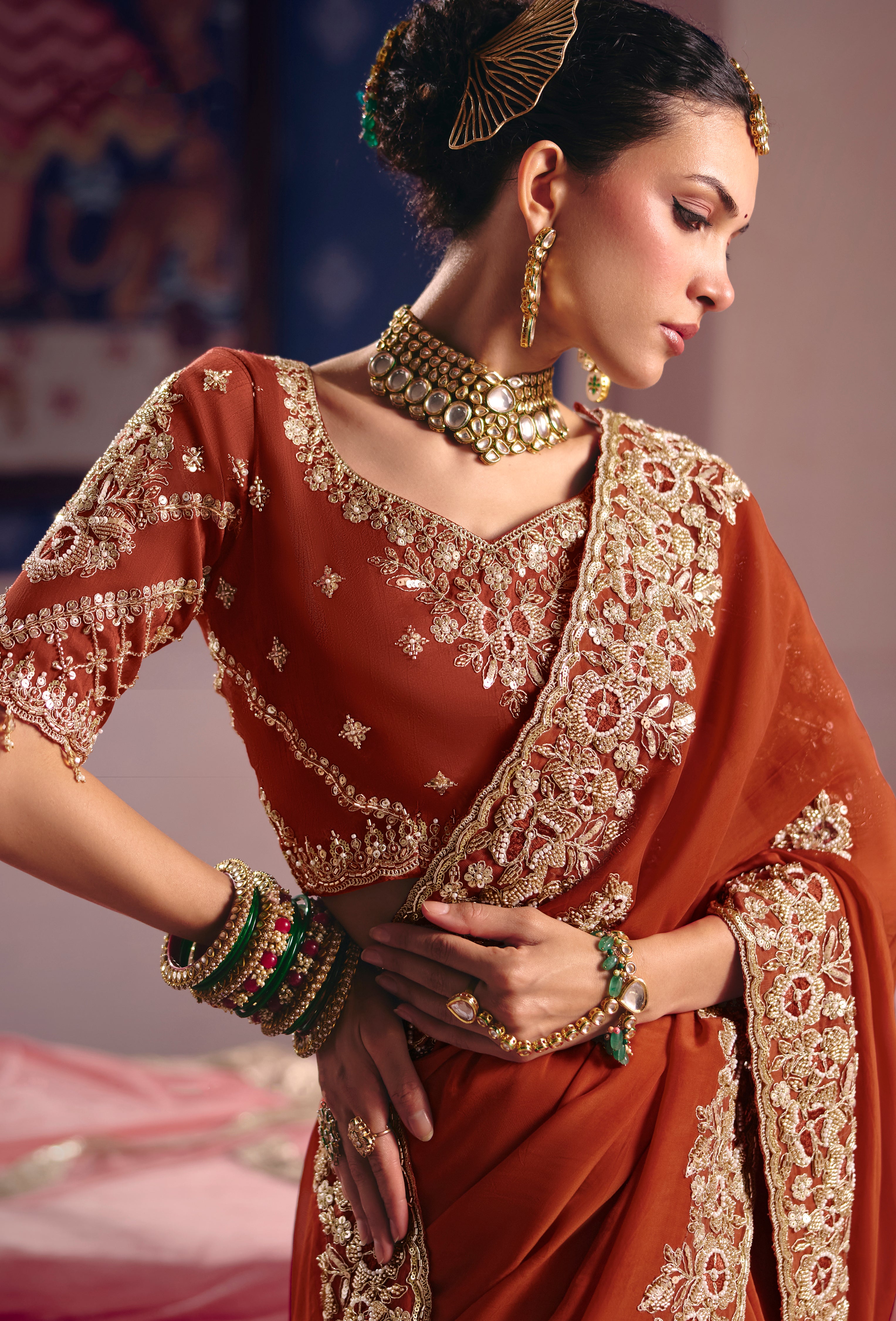 Rust Saree With  Heavy Embroidery, Beads With Sequince Work