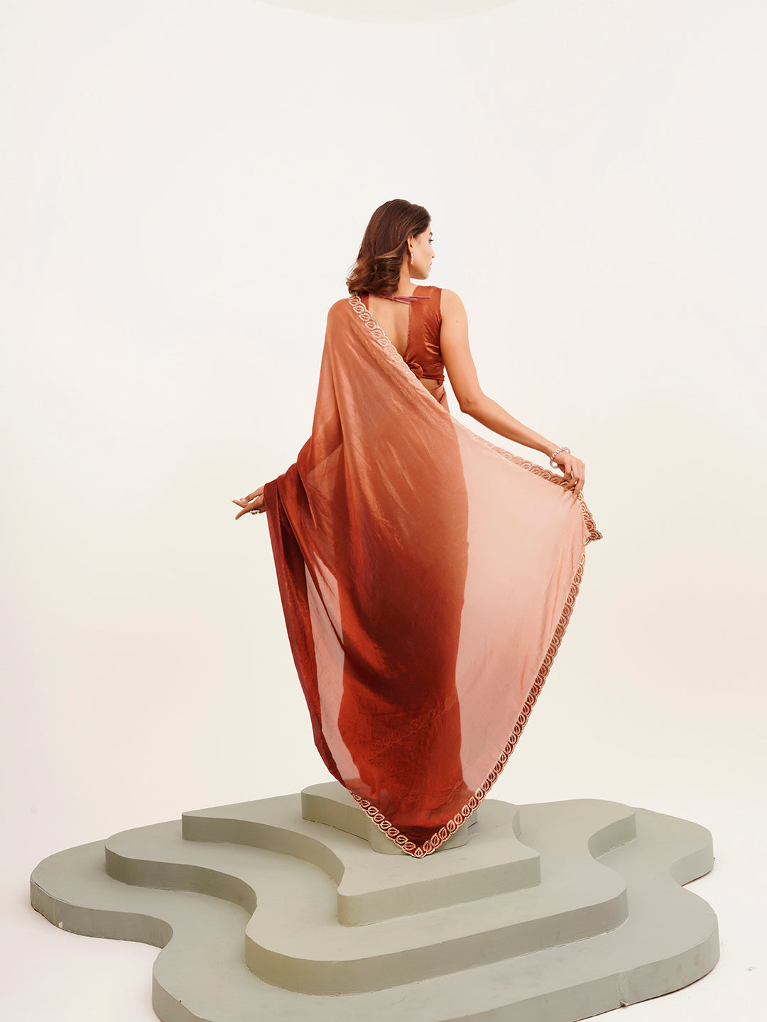 Rust Satin Embellished Beads And Stones Work Fancy Saree