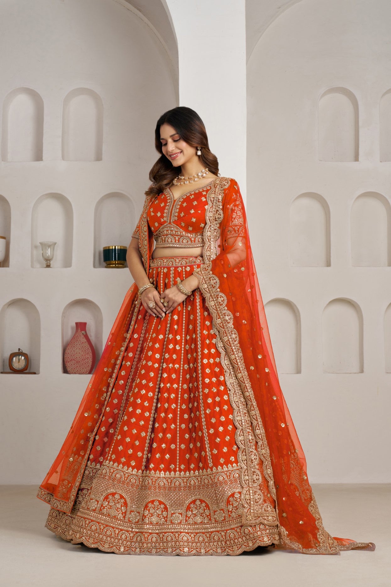 Rust Silk Double Dupatta Designer Bridal Lehenga Collection