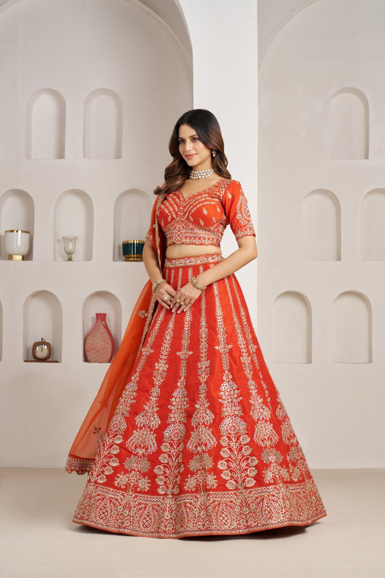 Rust Silk Floral Embroidered Bridal Lehenga Choli