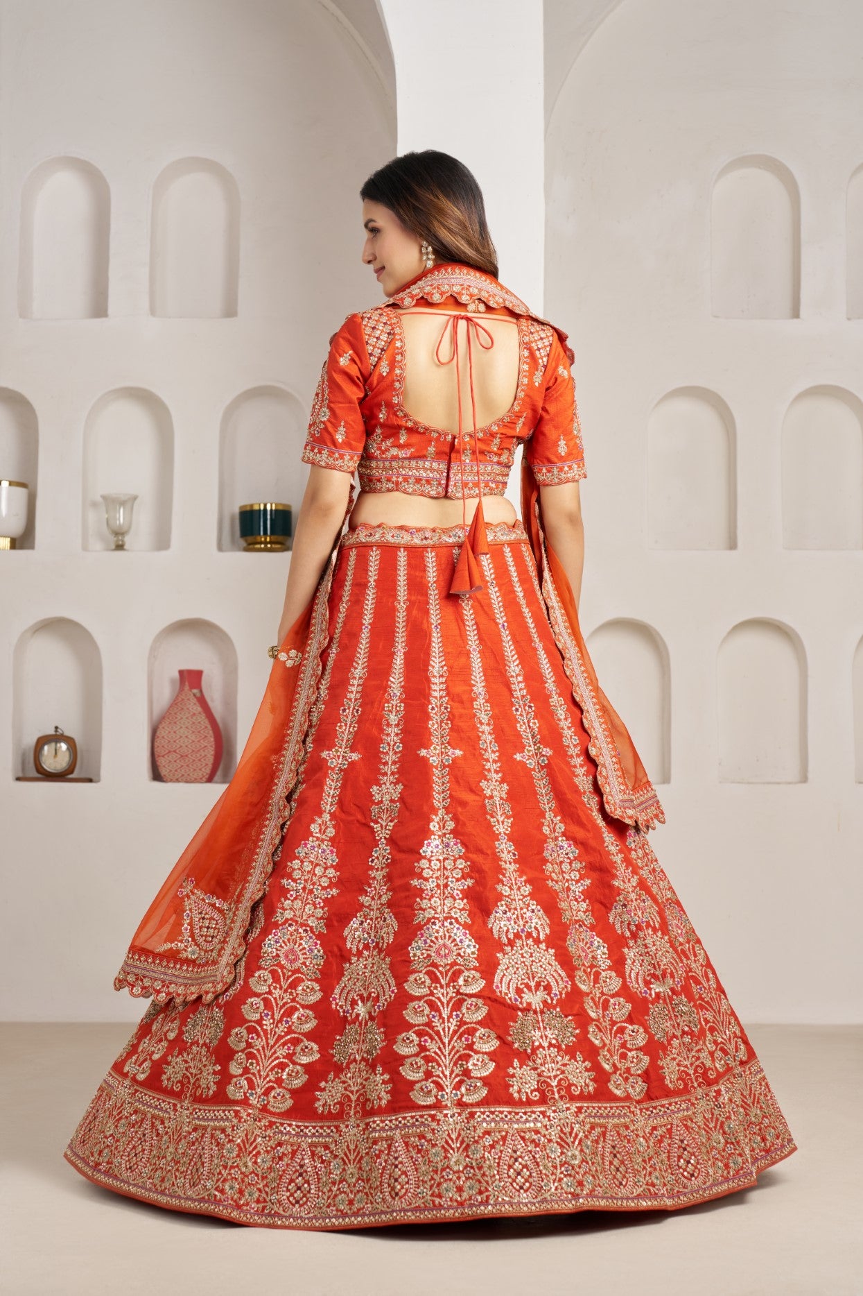 Rust Silk Floral Embroidered Bridal Lehenga Choli