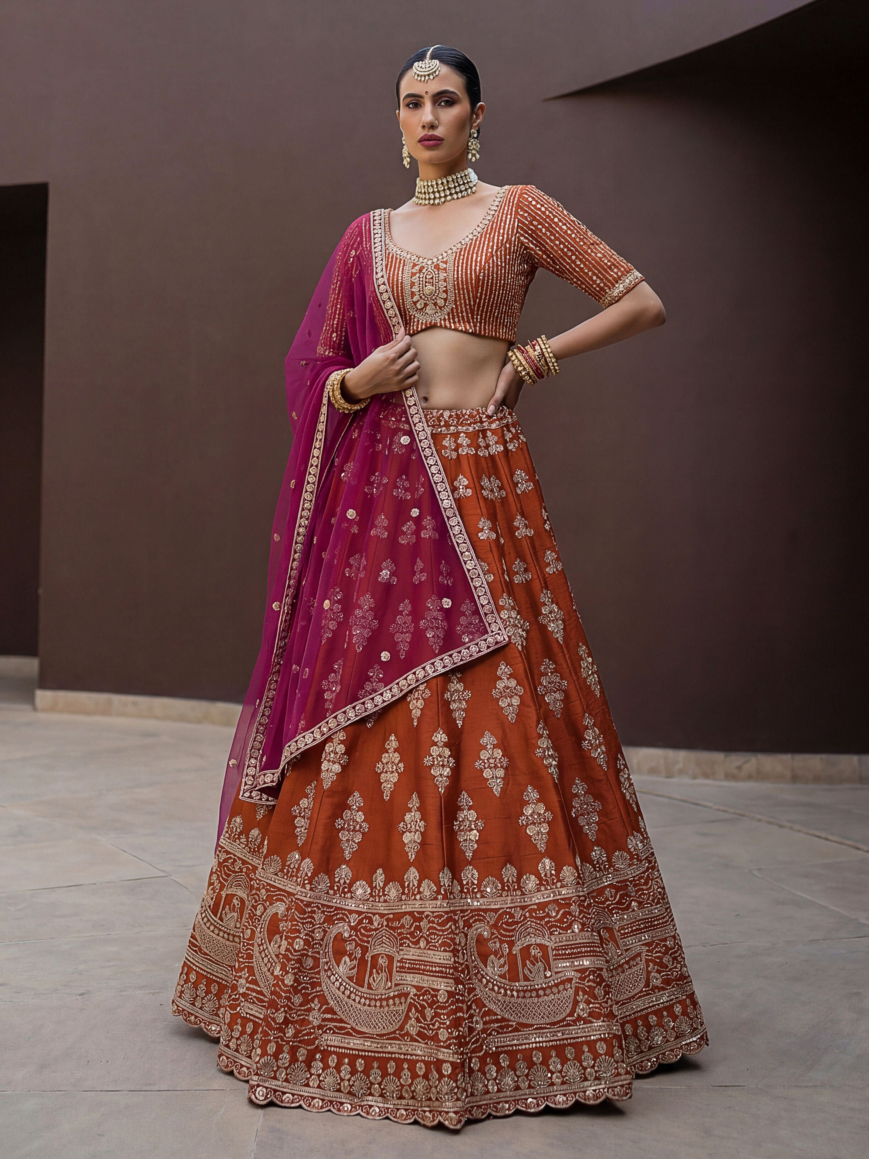 Rust Silk Lehenga Choli With Hand Work With Jari Embroidery And Pipe Work