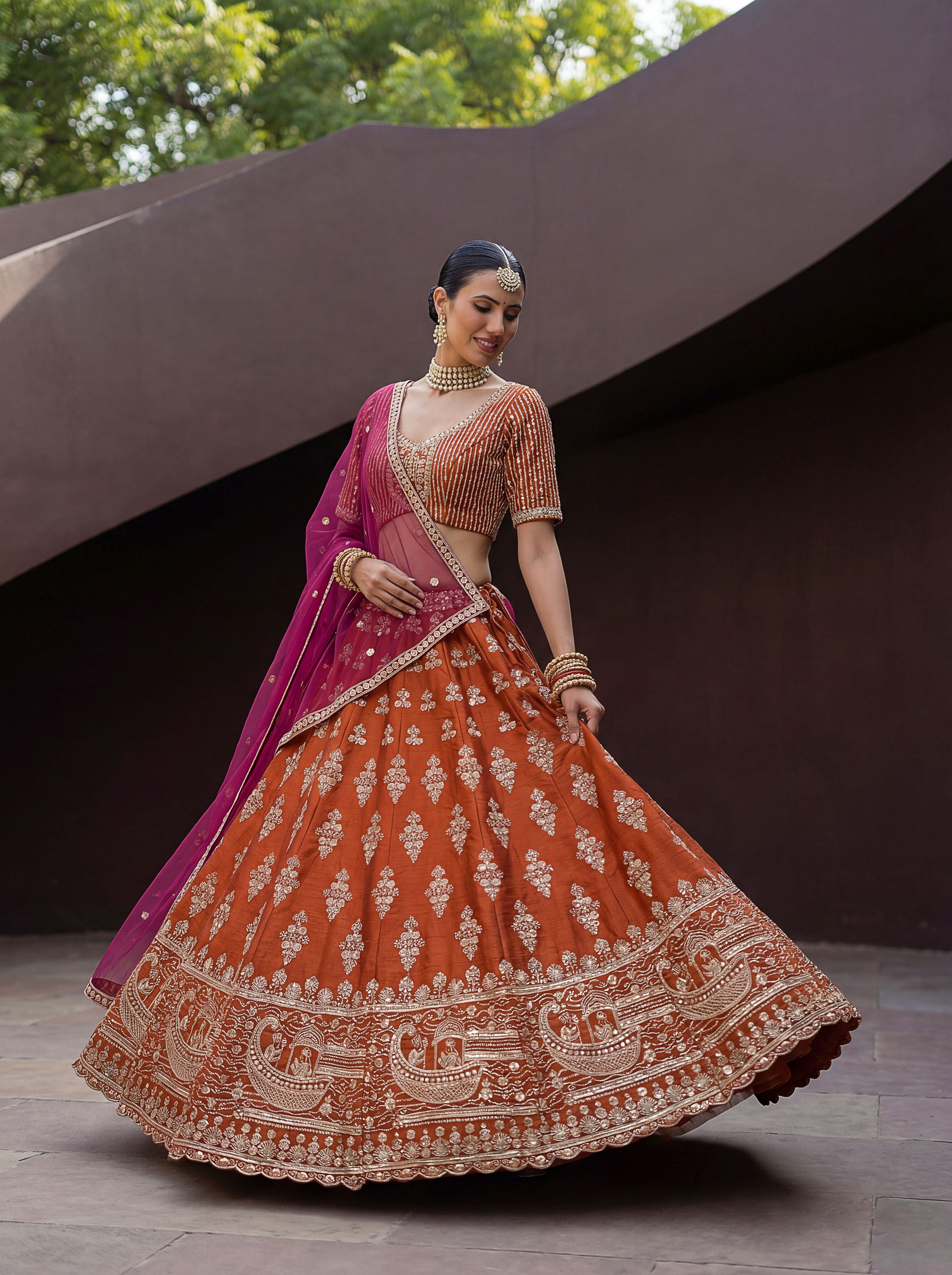 Rust Silk Lehenga Choli With Hand Work With Jari Embroidery And Pipe Work