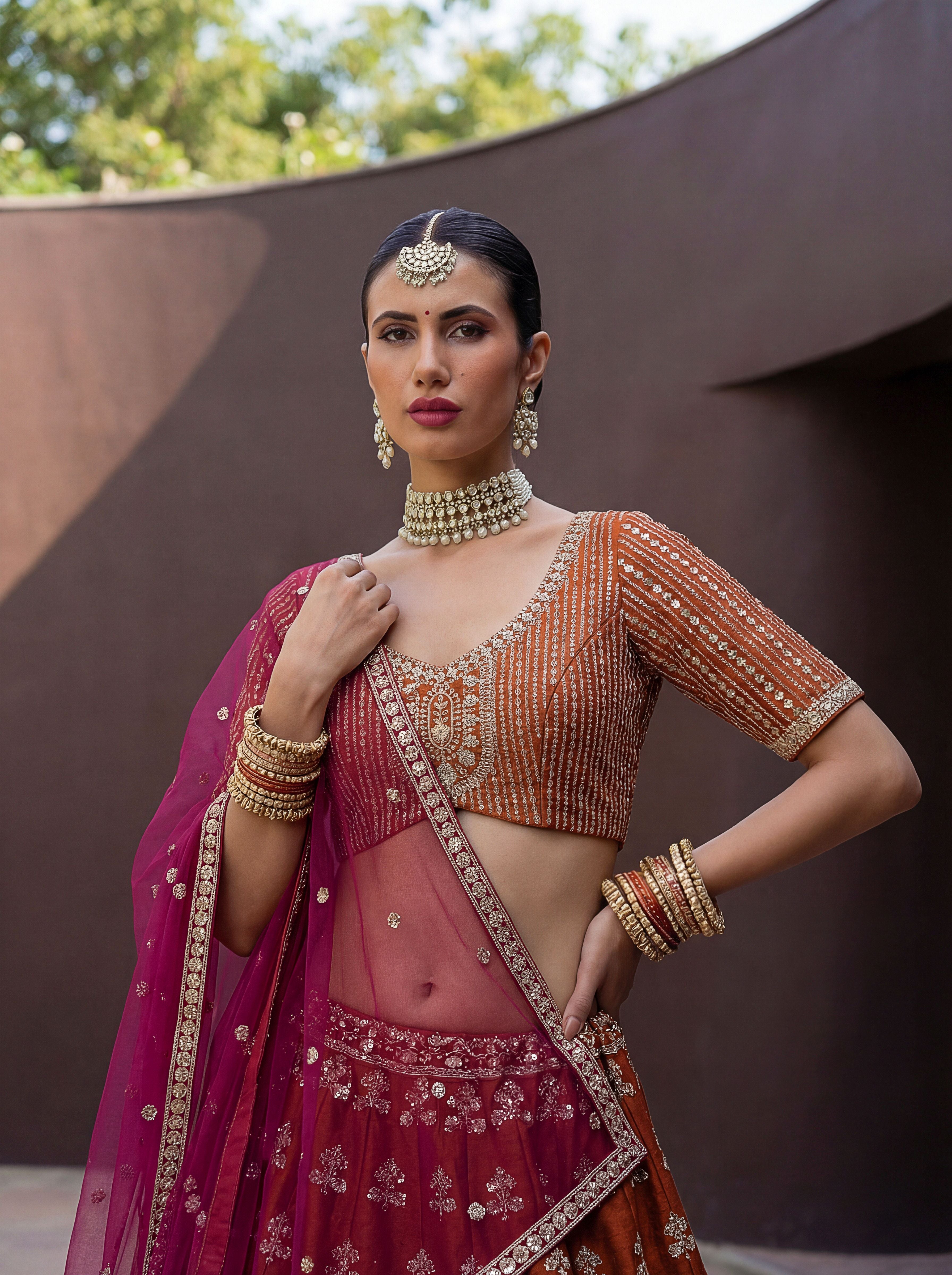 Rust Silk Lehenga Choli With Hand Work With Jari Embroidery And Pipe Work