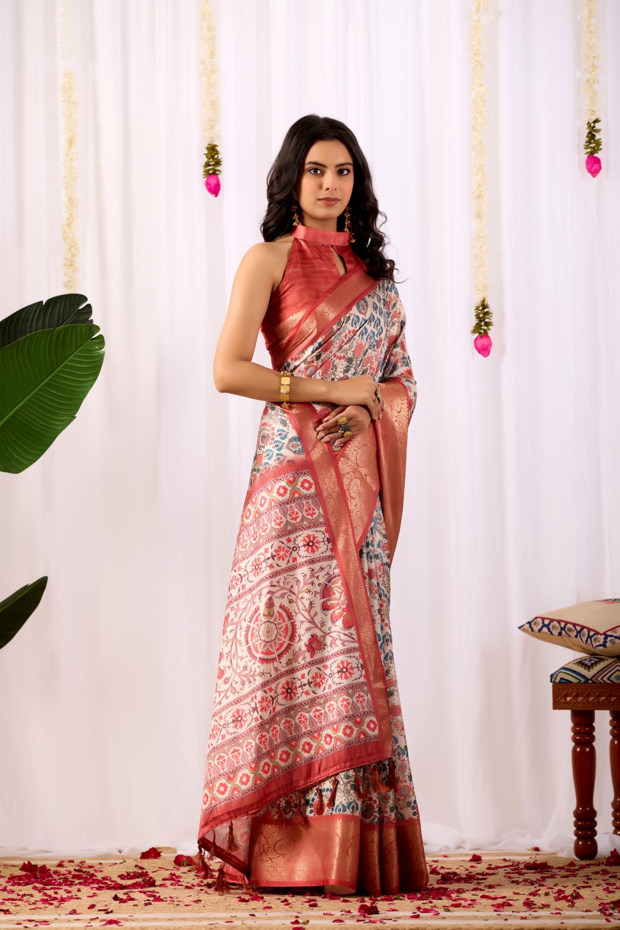 Rust Soft Lichi Silk Saree With Digital Printed Classic Traditional Saree