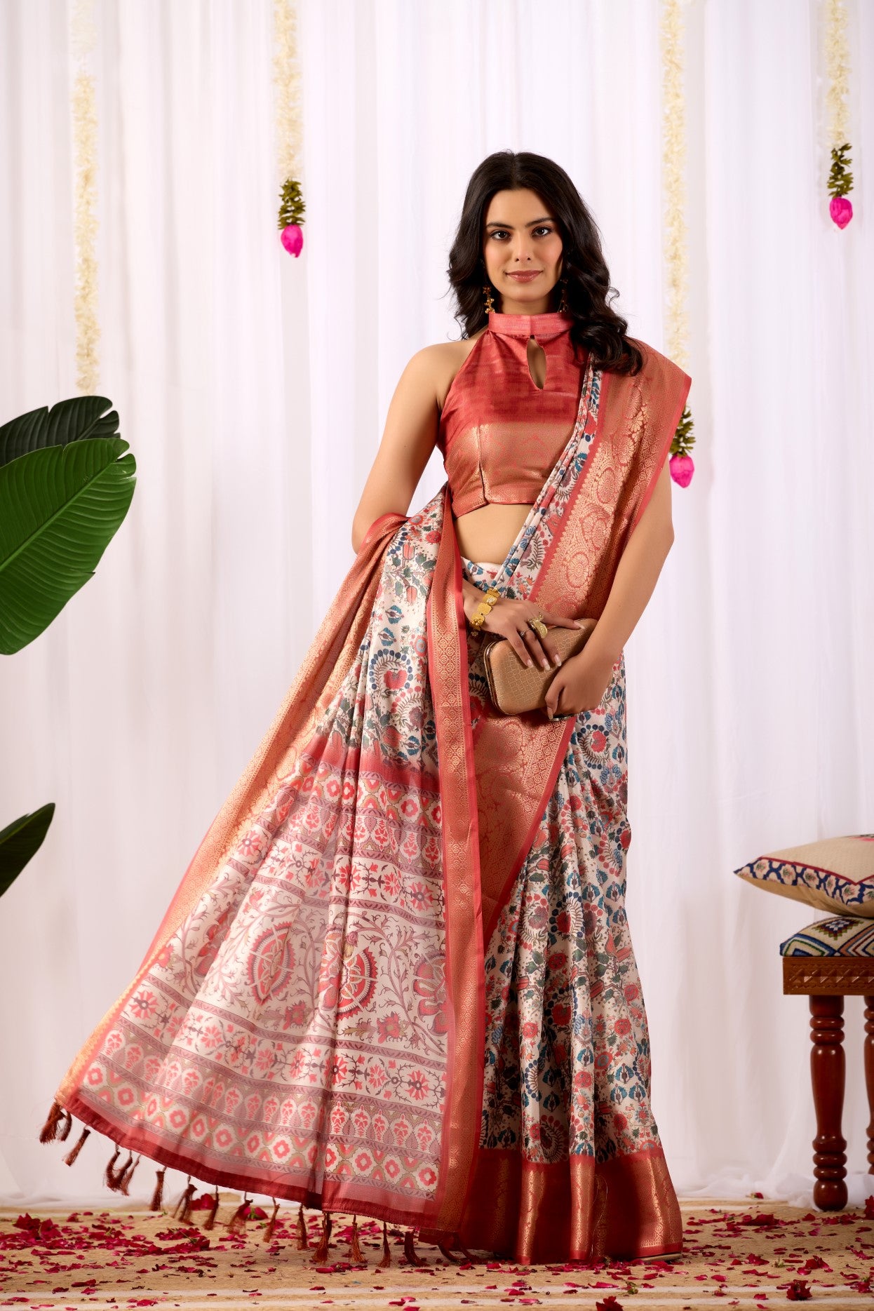 Rust Soft Lichi Silk Saree With Digital Printed Classic Traditional Saree