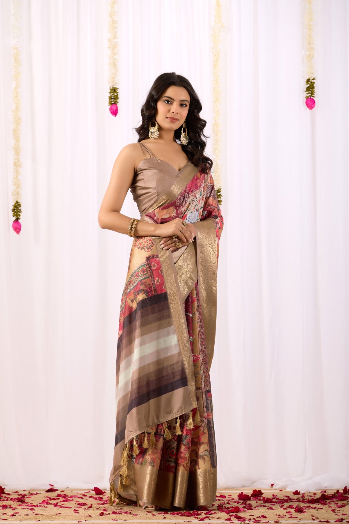 Rust Soft Lichi Silk Saree With Digital Printed Premium Traditional Saree