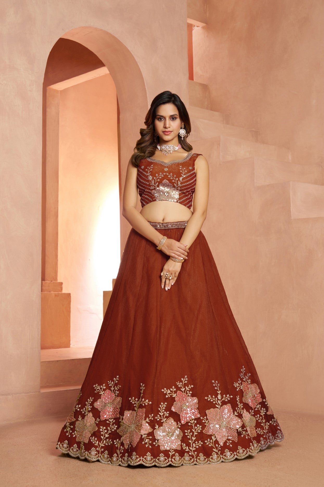 Rust Tissue Luxury Bridal Lehenga Choli with Beads & Sequin Embroidery