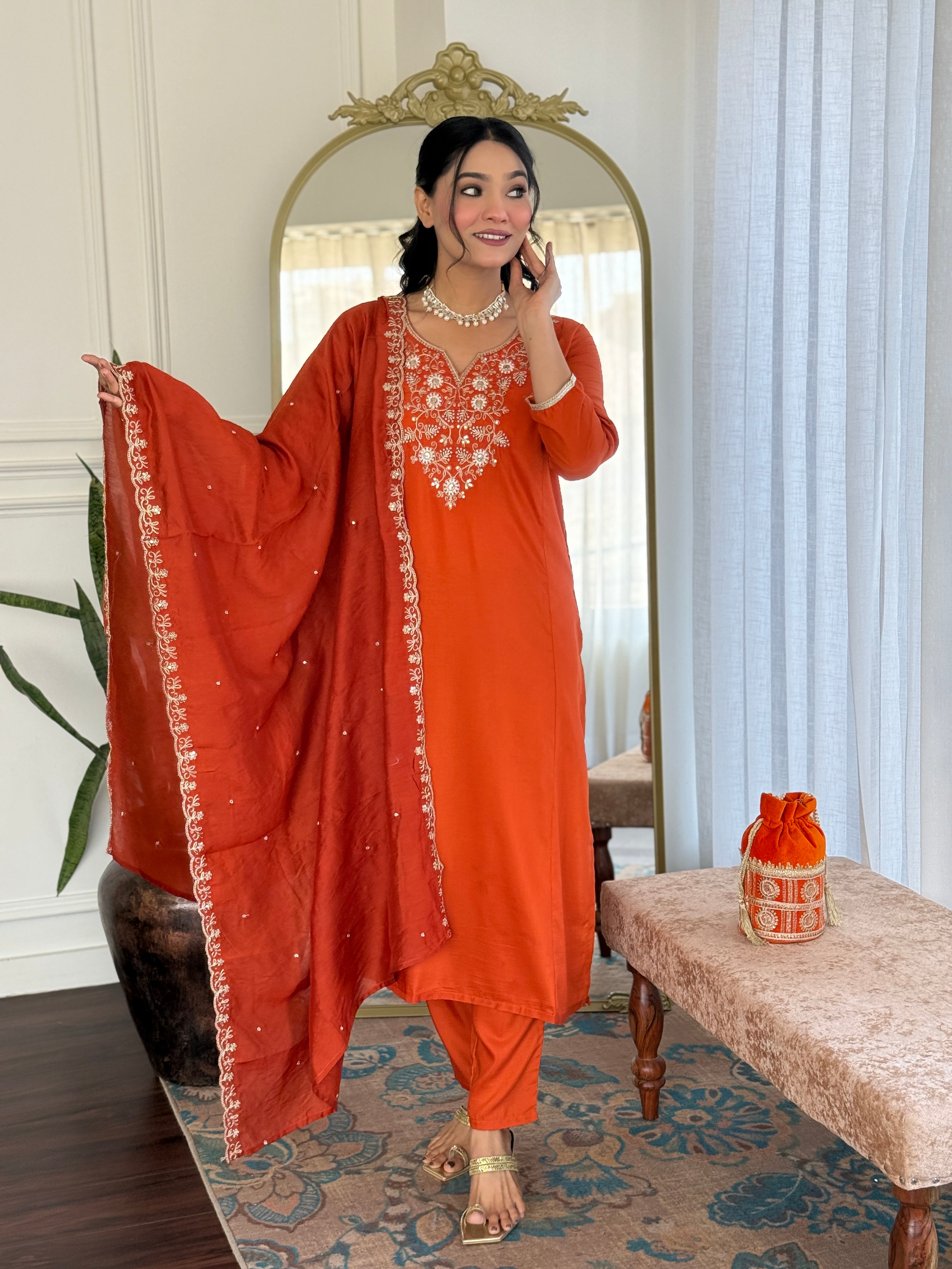 Rust Viscose Chanderi Kurta Pant Set With Heavy Thread Embroidered Work