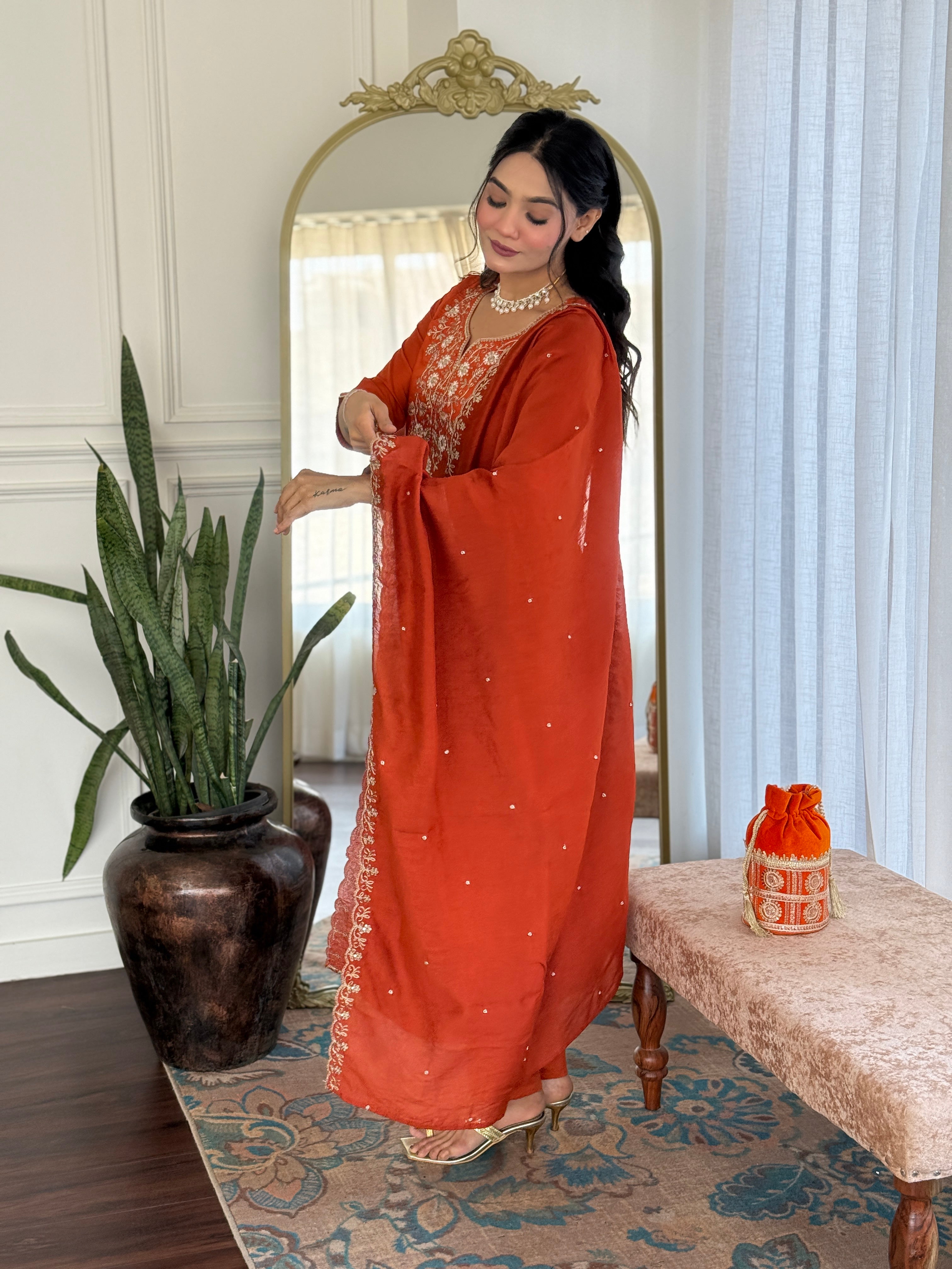 Rust Viscose Chanderi Kurta Pant Set With Heavy Thread Embroidered Work
