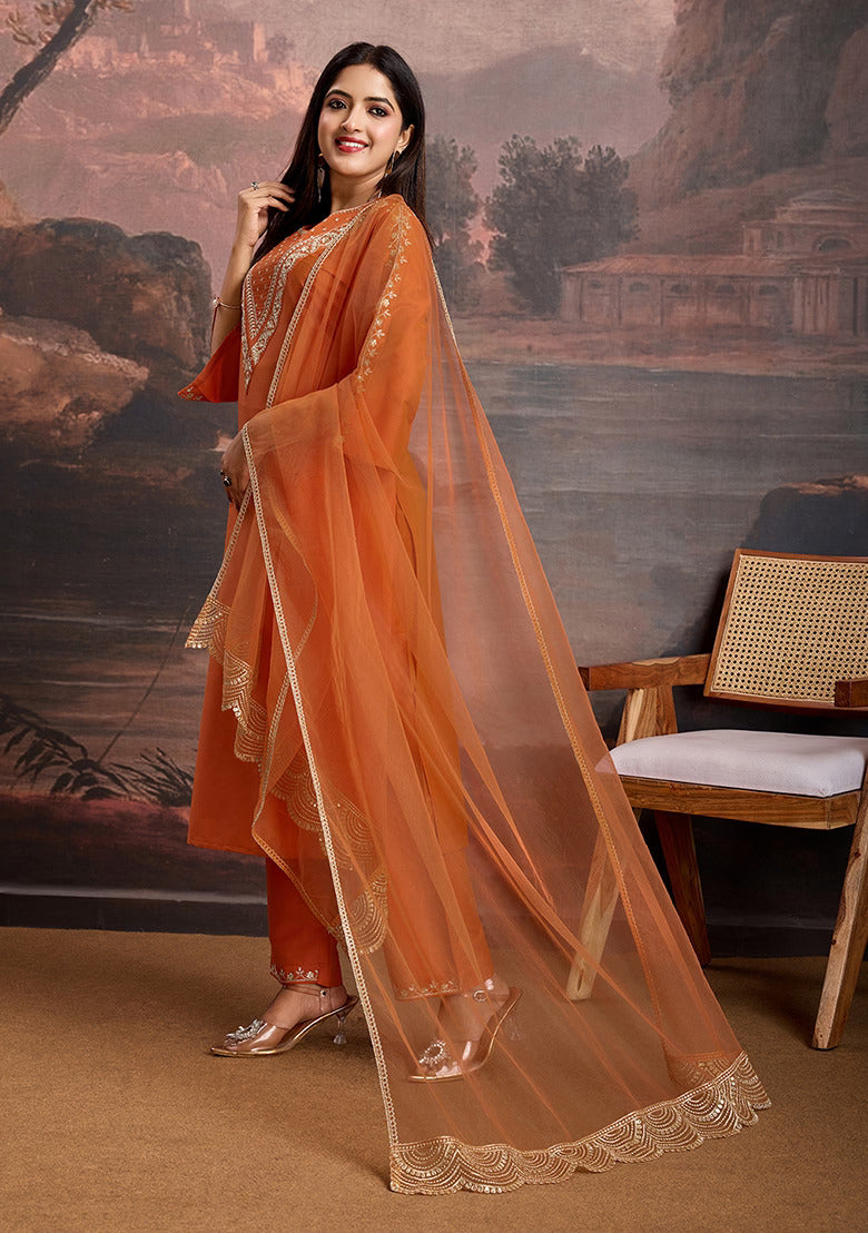 Rust Viscose Rayon Kurta Pant Set With Heavy Thread Embroidery Work