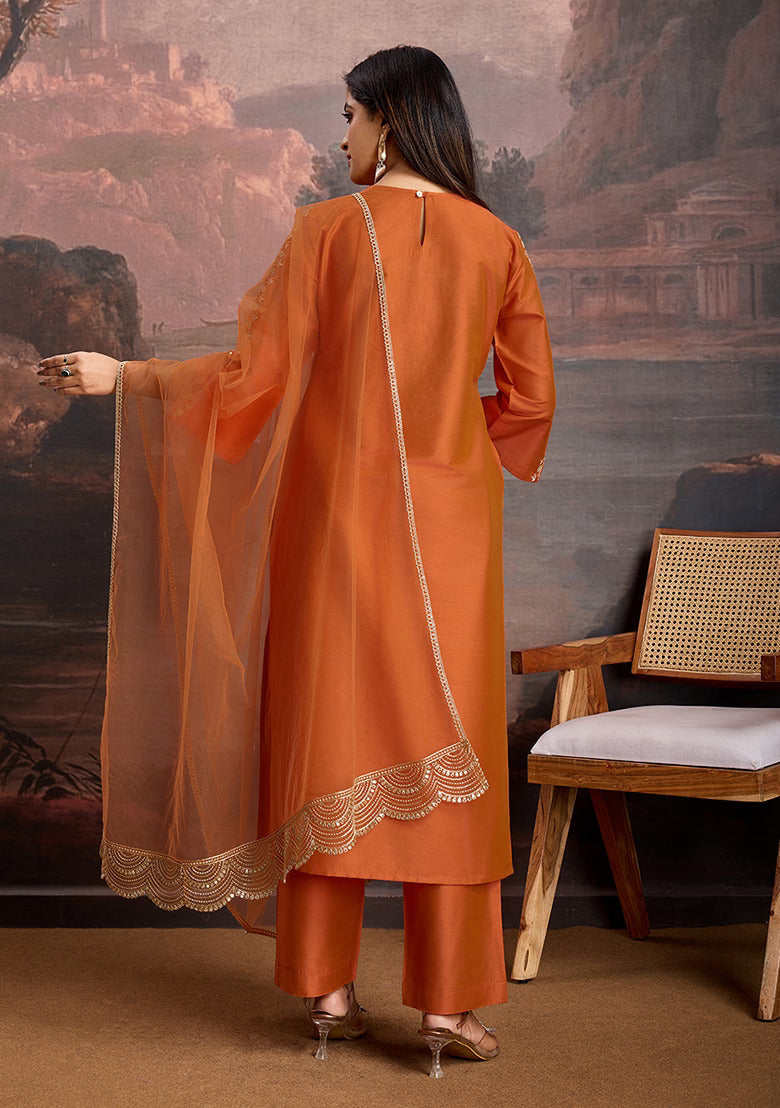 Rust Viscose Rayon Kurta Pant Set With Heavy Thread Embroidery Work