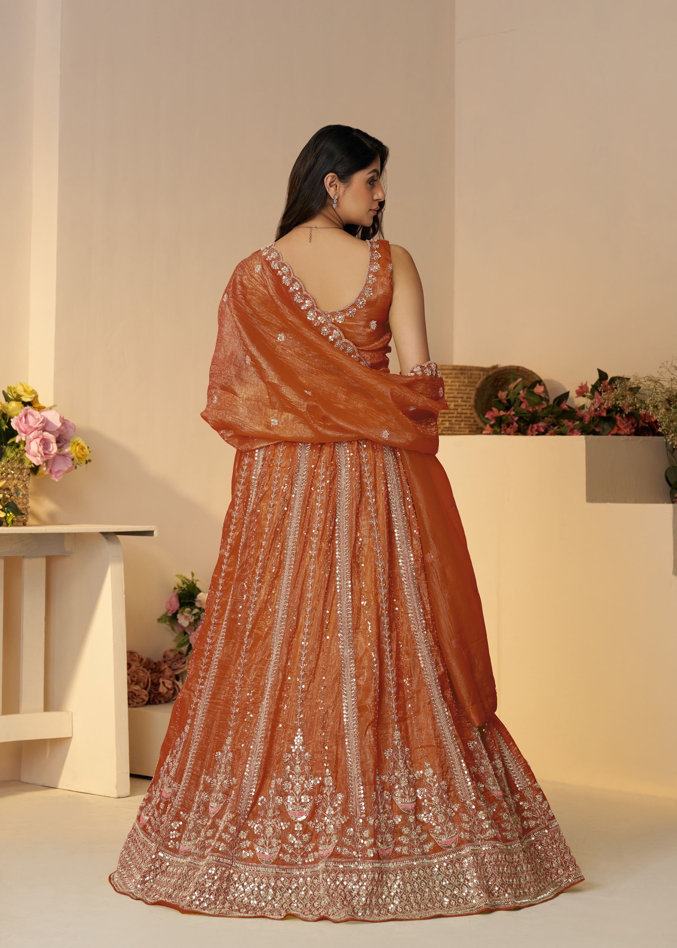 Rustic Orange Trending Color Bridal Lehenga For Festivals