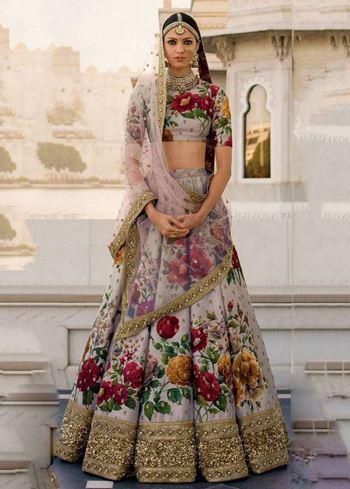 Sabyasachi Gray Floral Digital Printed Art Silk Bridal Lehenga Choli